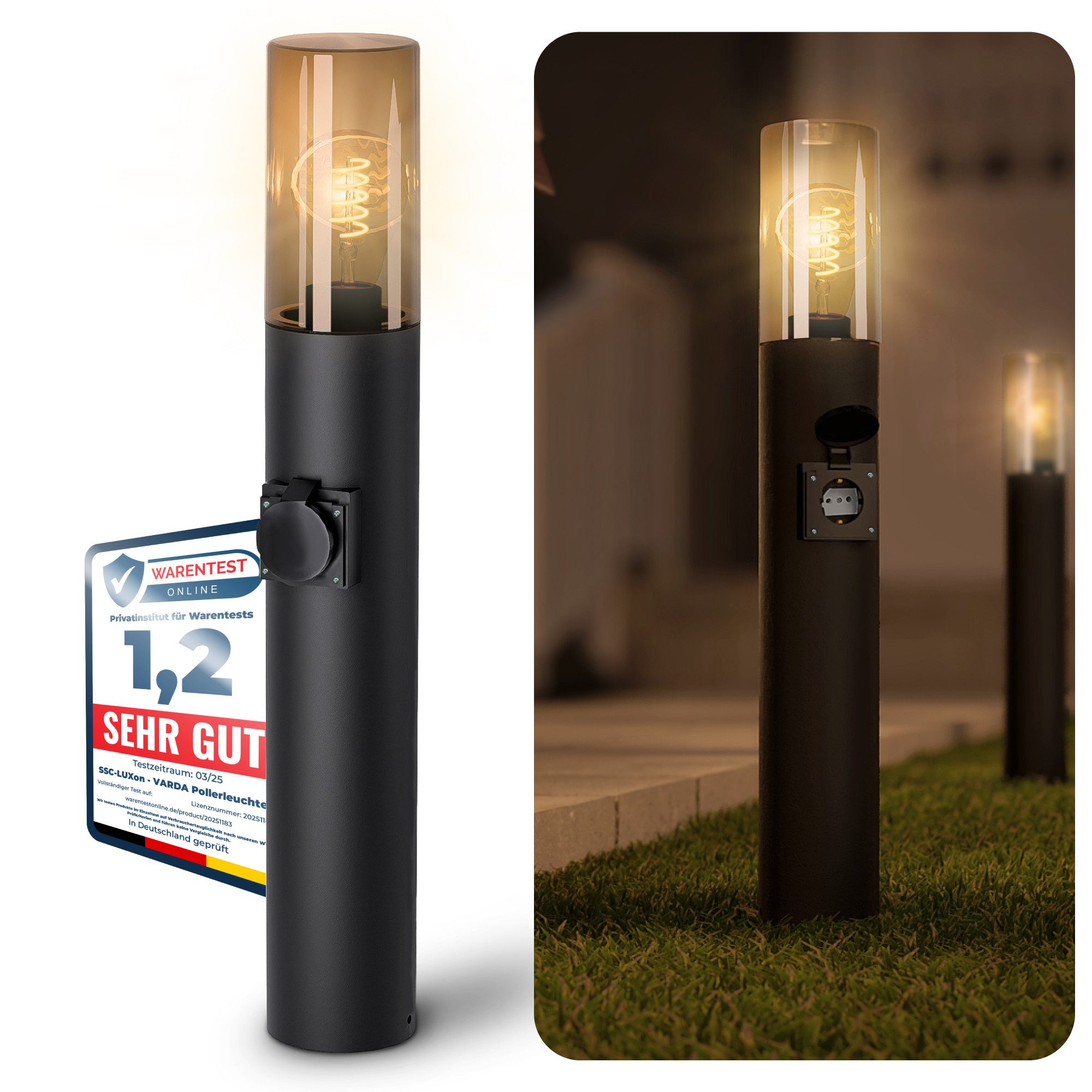 SSC-LUXon LED Gartenstrahler VARDA Wegeleuchte mit Steckdose LED Birne E27 Retro extra warmweiß 3W, Extra Warmweiß
