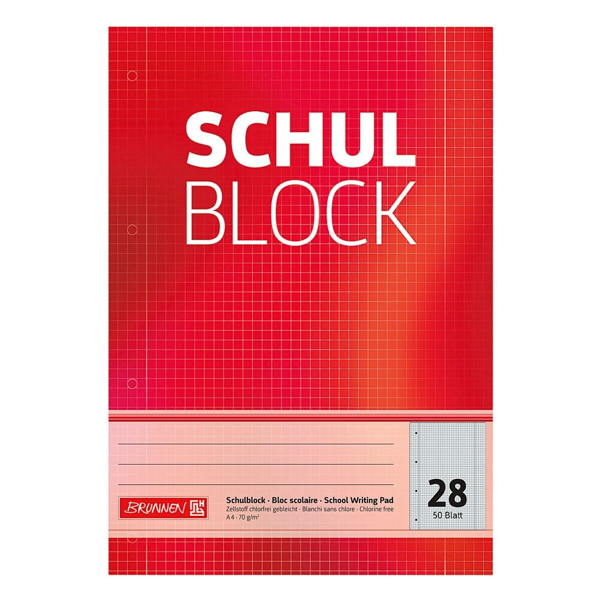 BRUNNEN Notizblock, A4 kariert (Lineatur 28), mit Innen- & Außenrand, ab 5. Klasse