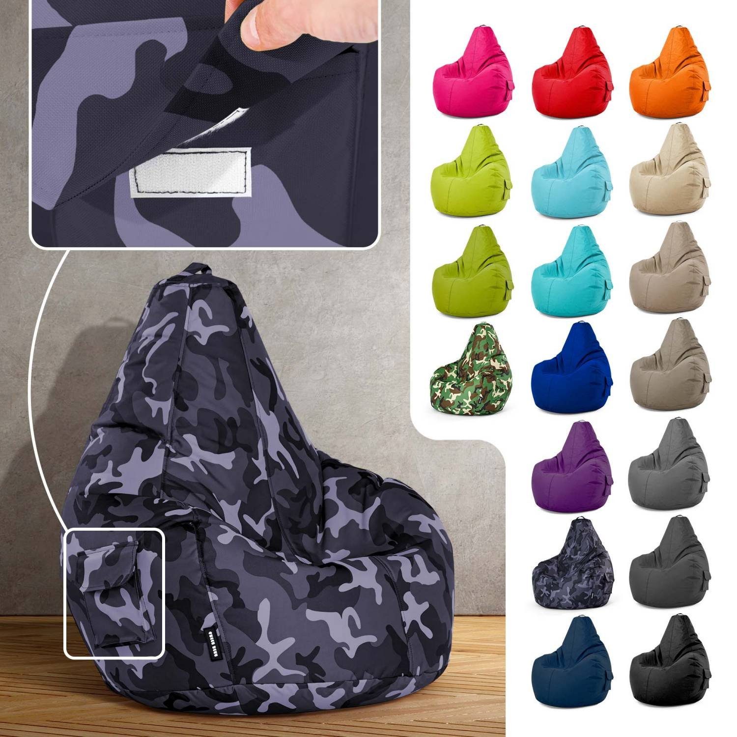 Kuschelig Bean Chair Sitzsack Bag Füllung, 80x70x90cm mit Waschbar), Relax-Sessel Weich Gaming Camouflage Gamer Lounge Sitzhocker Bean Gamingstuhl - Blau 230L Bodenkissen Rückenlehne Cozy mit (Sitzsack Green