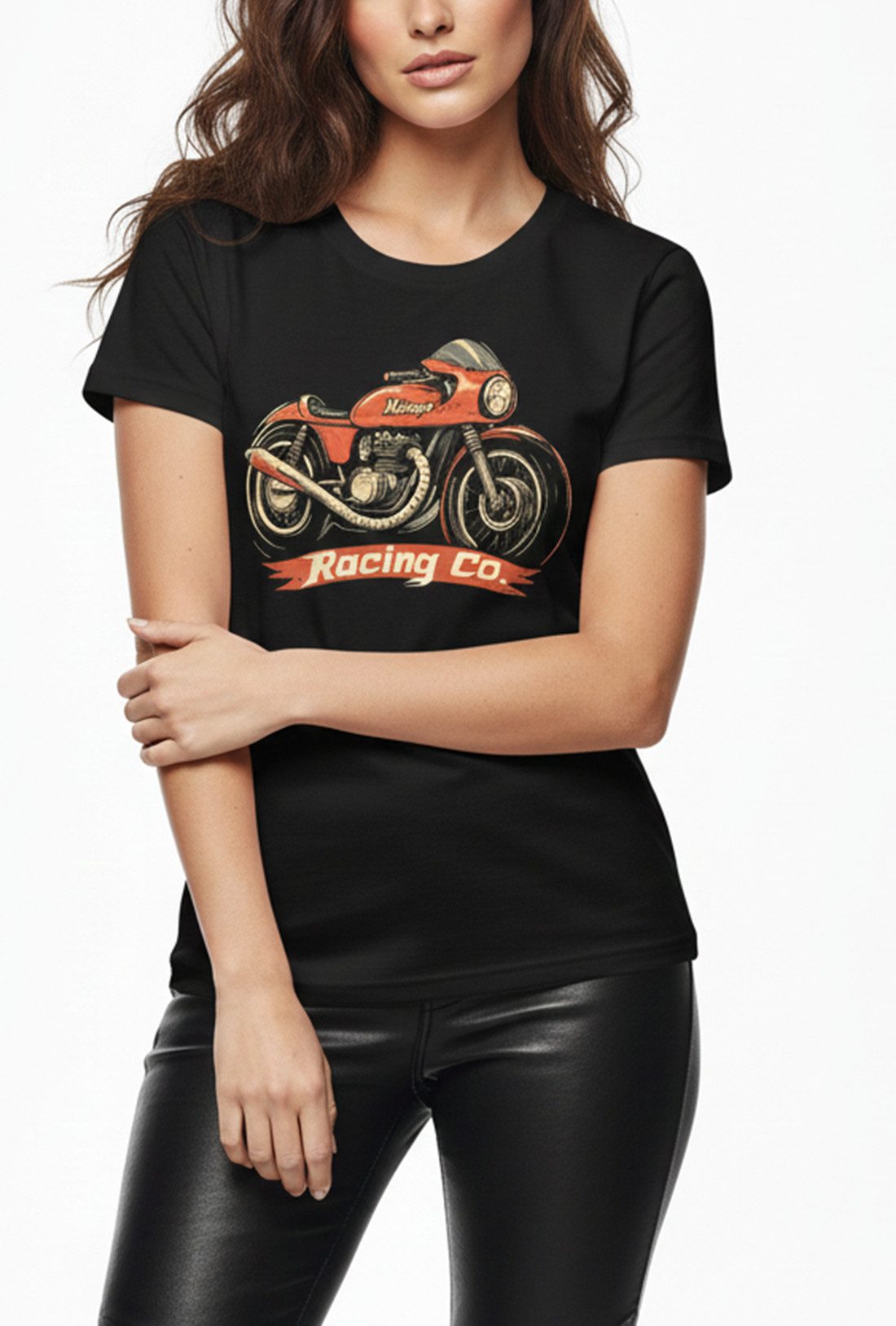 MAKAYA Print-Shirt Vintage Damen Top mit Lady Biker Motiv – Rockiger Racing Look (Schwarz, S, M, L, XL) Baumwolle