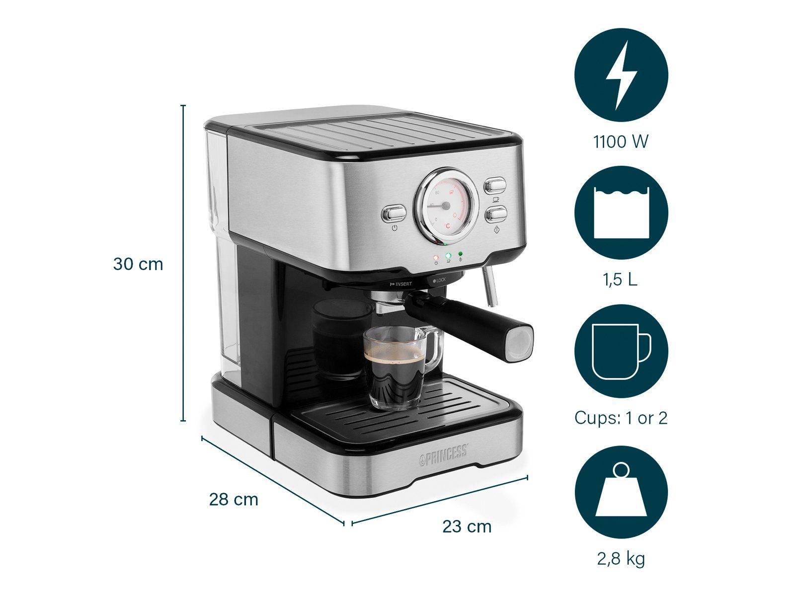 Siebträgermaschine, Milchaufschäumer italienische Siebdruck Espresso-Maschine & mit Kaffee PRINCESS