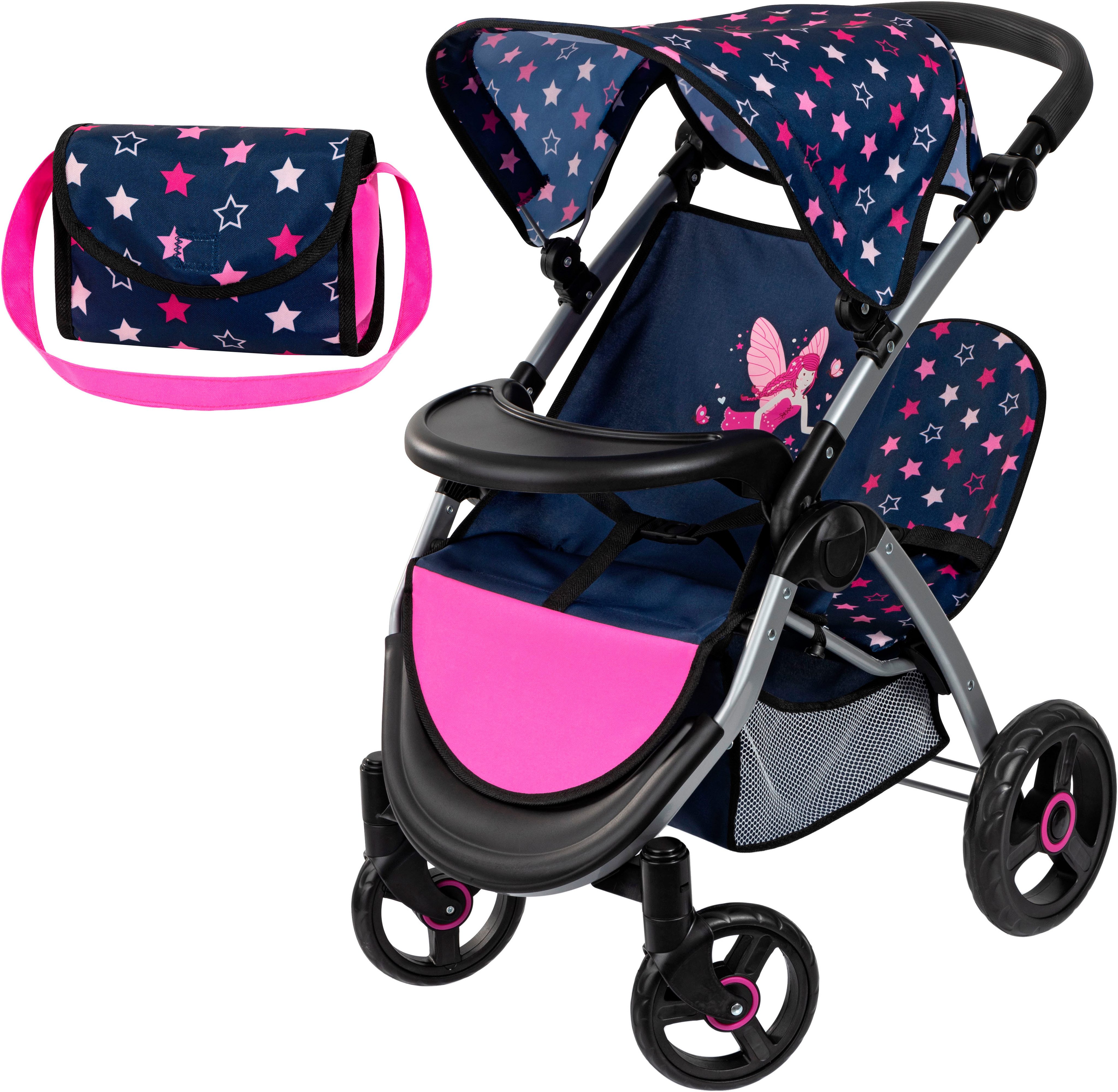 Bayer Puppen-Zwillingsbuggy Twin Star, blau/pink, mit Wickeltasche