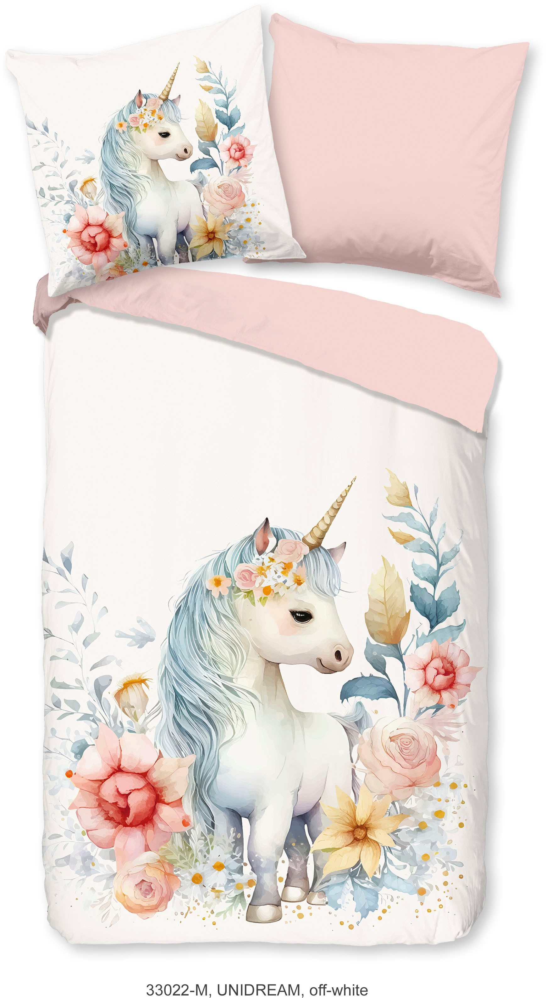 PURE luxury collection Kinderbettwäsche Unidream, Microfaser, 2 teilig, 135x200, Pflegeleicht, Reißverschluss, Kind, Mädchen, Einhorn, Rosa