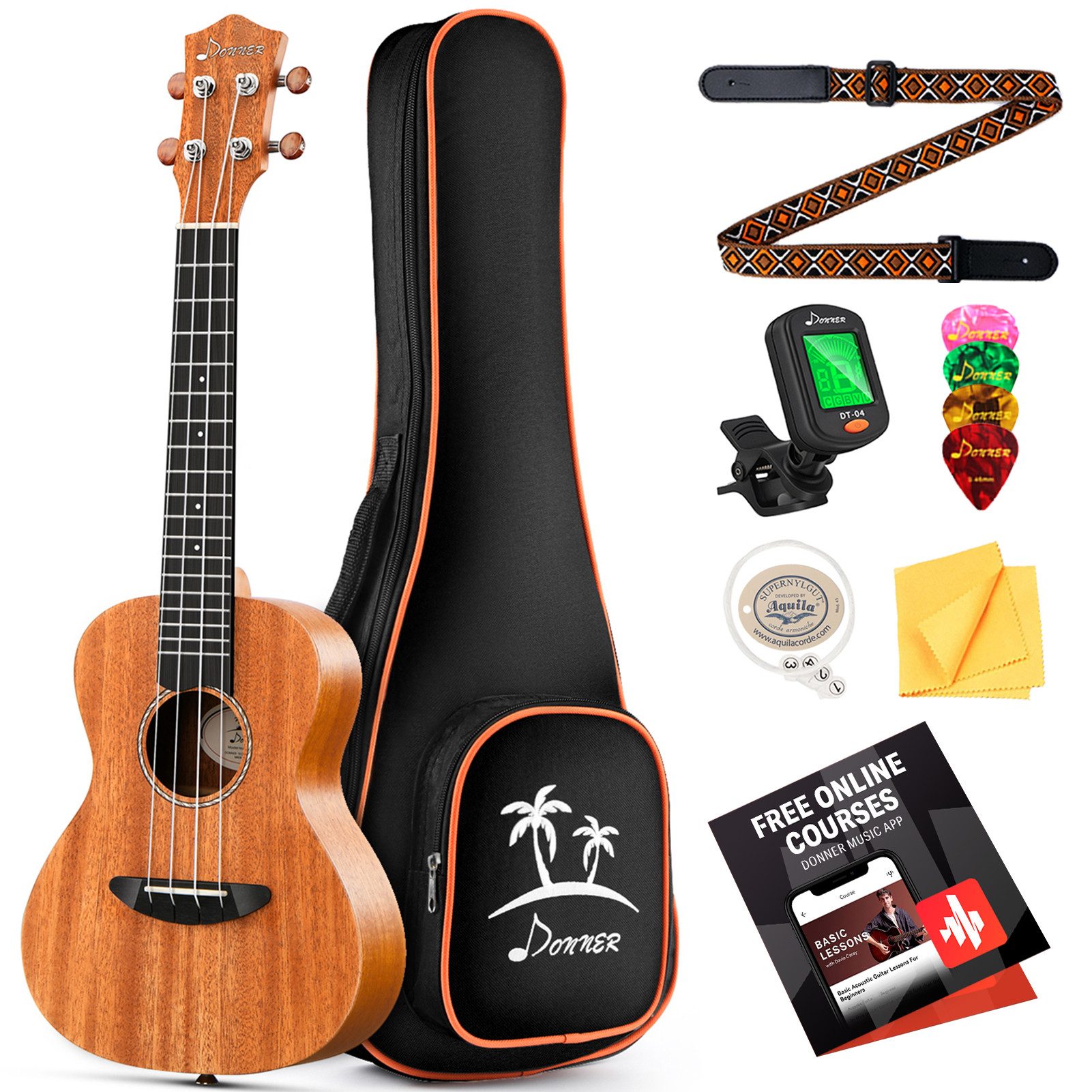 Donner Ukulele 23 Zoll für Anfänger mit Gigbag, Tragegurt, Nylonsaiten, Stimmgerät, Klassische Konzertform mit natürlicher Holzmaserung, 23 Zoll, 18 Bünde