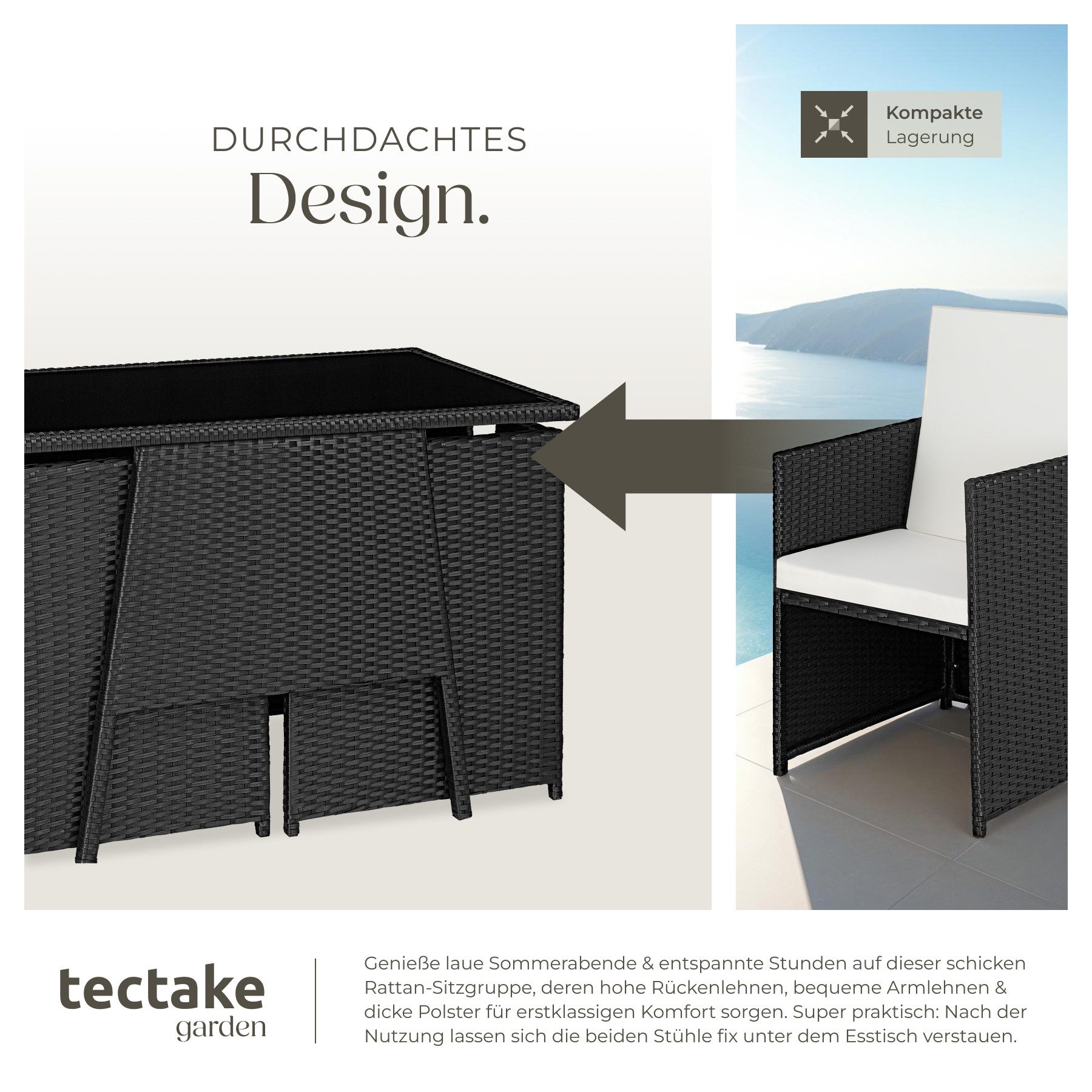 tectake Sitzgruppe Rattan Gartenlounge für 2 Personen, zusammenschiebbar, (Loungeset Lausanne, 3-tlg., für Außen in Schwarz), widerstandsfähig, UV-beständig, mi – Bild 4 von 5