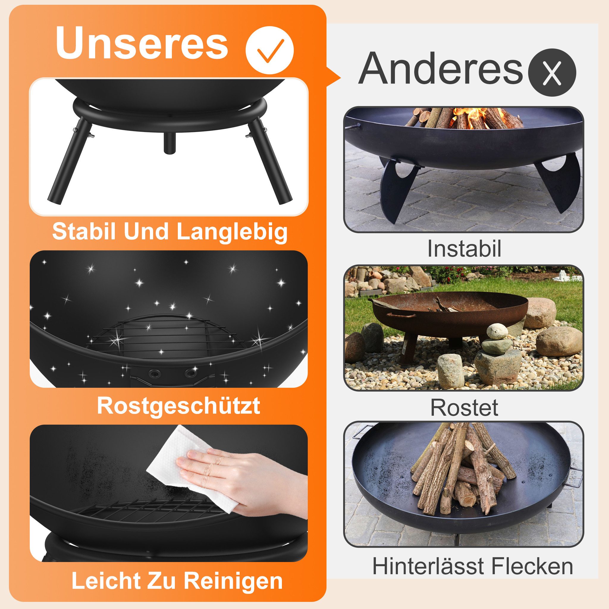 FIVMEN Feuerschale Feuerkorb Kippbare Ø 60cm Feuerstelle mit 3 Dreibein Kohlerost, Feuerkugel Feuertonne Gartefeuer Multifunktional Fire Pit für Heizung