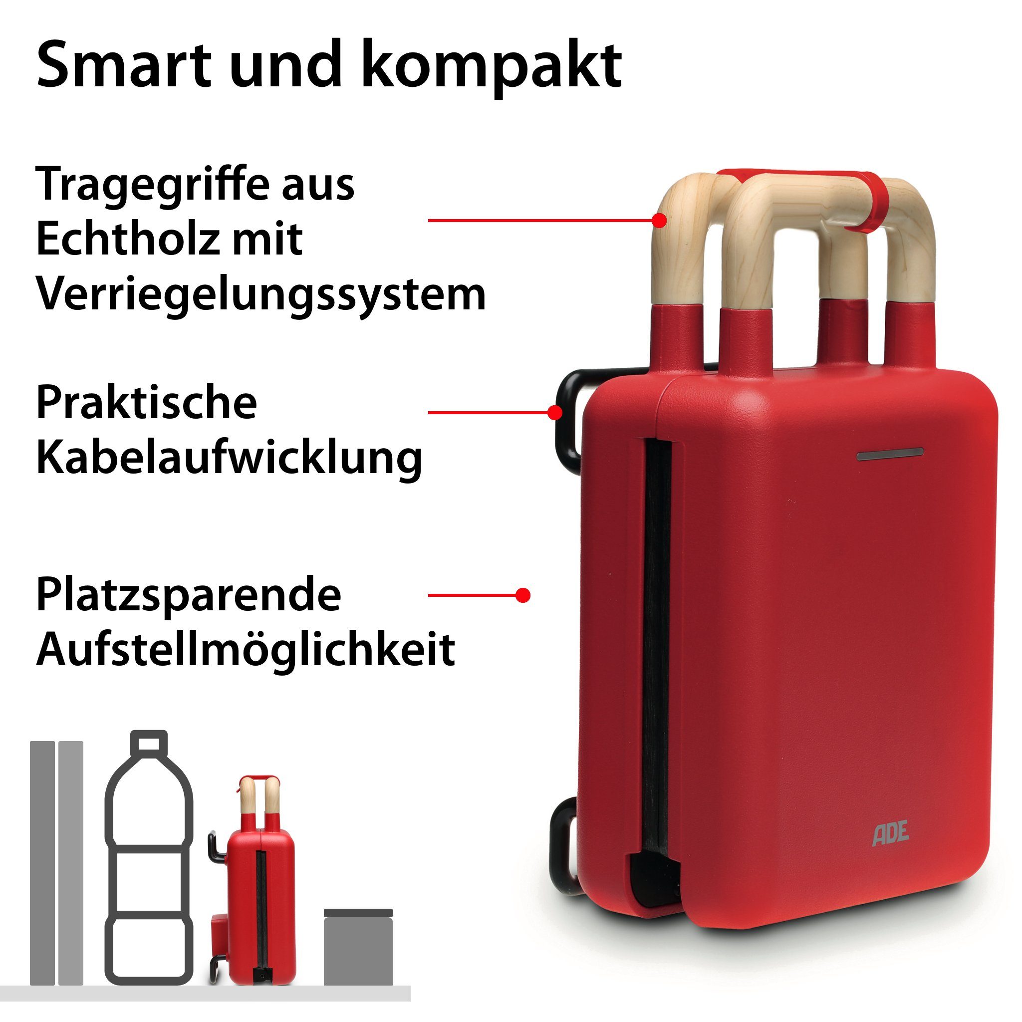 ADE 2-in-1-Kombi-Waffeleisen KG2138, 600 W, Wechselplatten für Belgische Waffeln, XL-Sandwiches, gebratene Eier