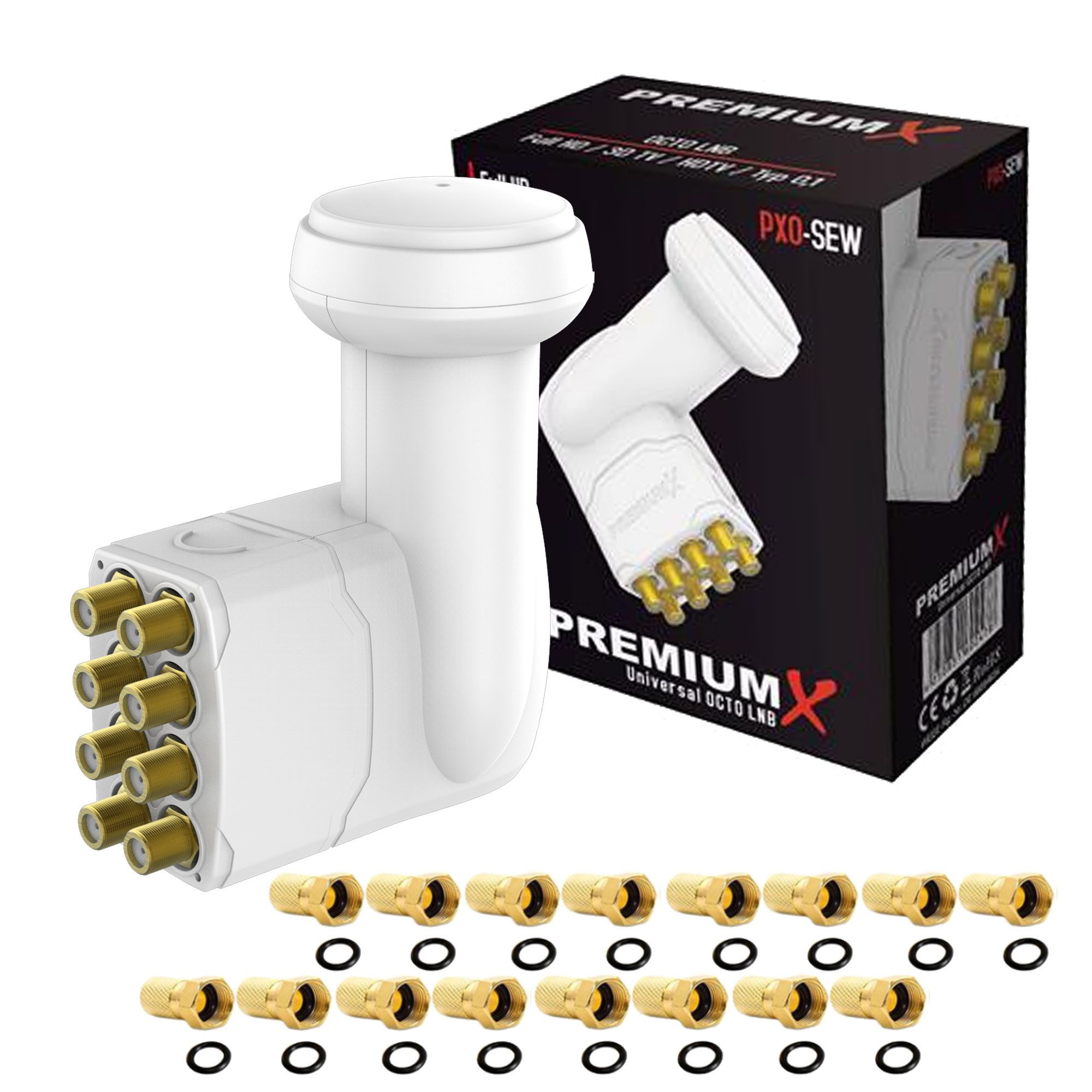 PremiumX Octo LNB weiß SAT für 8 Teilnehmer DVB-S2 HD 4K inkl. 16x F-Stecker Monoblock-LNB