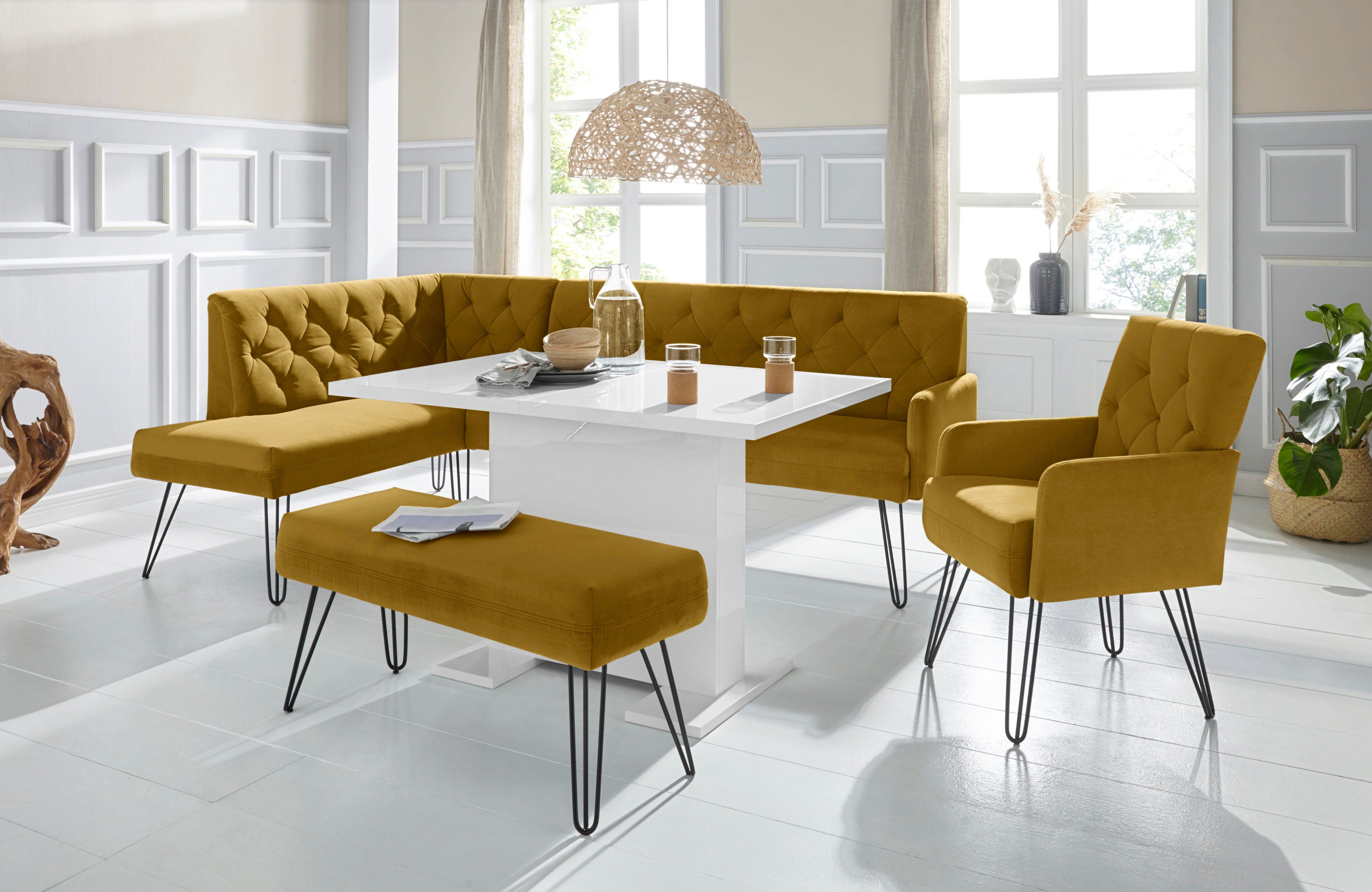 exxpo - sofa fashion Eckbank Doppio, Chesterfield Optik, komfortabel und bequem, hohe Designfüße, Frei im Raum stellbar