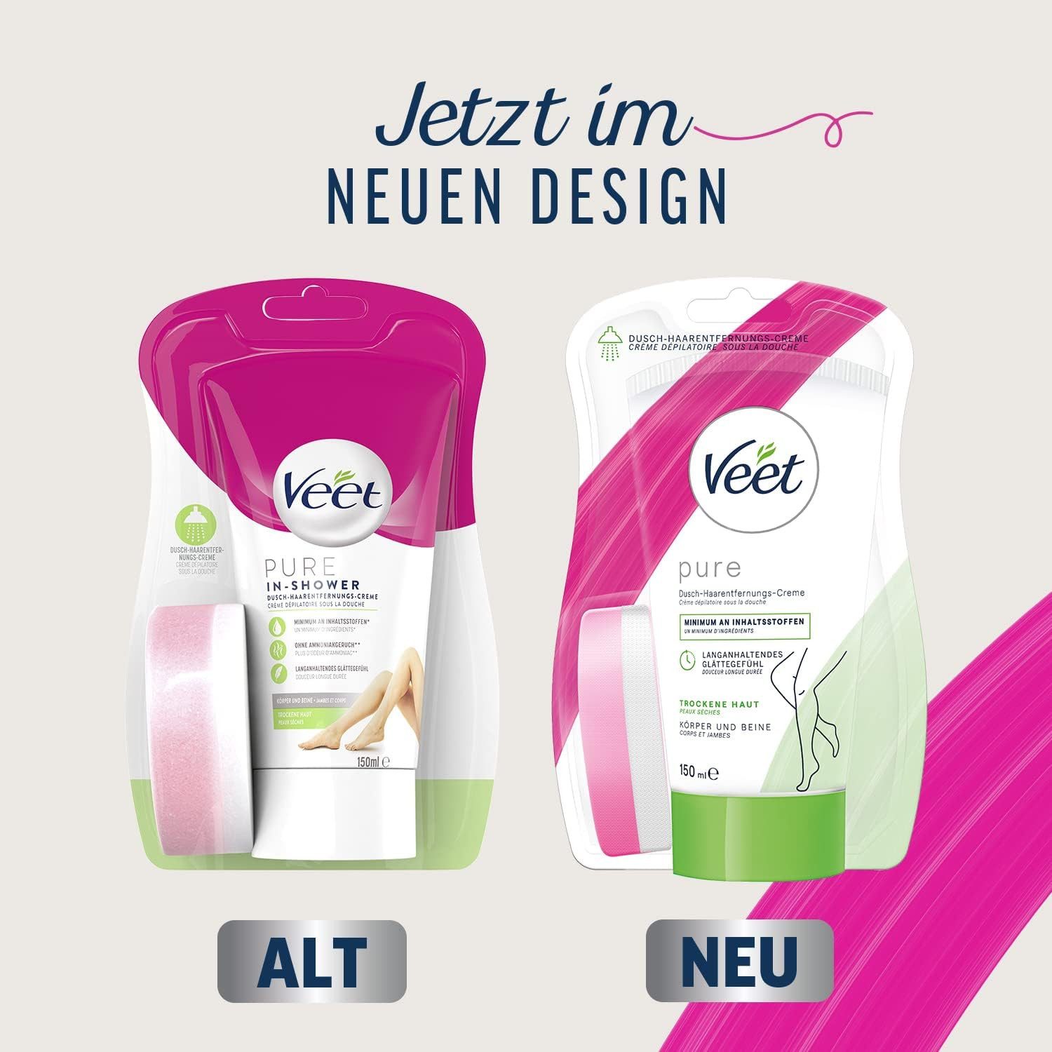 Veet Enthaarungscreme pure für Körper, Arme & Beine 150 ml, 1 St., Dusch-Haarentfernungscreme, geeignet für trockene Haut