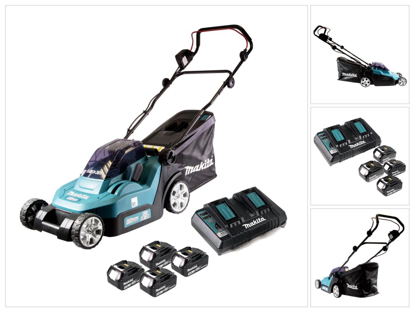 Makita Akkurasenmäher DLM 382 PF4 Akku Rasenmäher 36 V (2x 18 V) 38 cm 40 l + 4x Akku 3,0