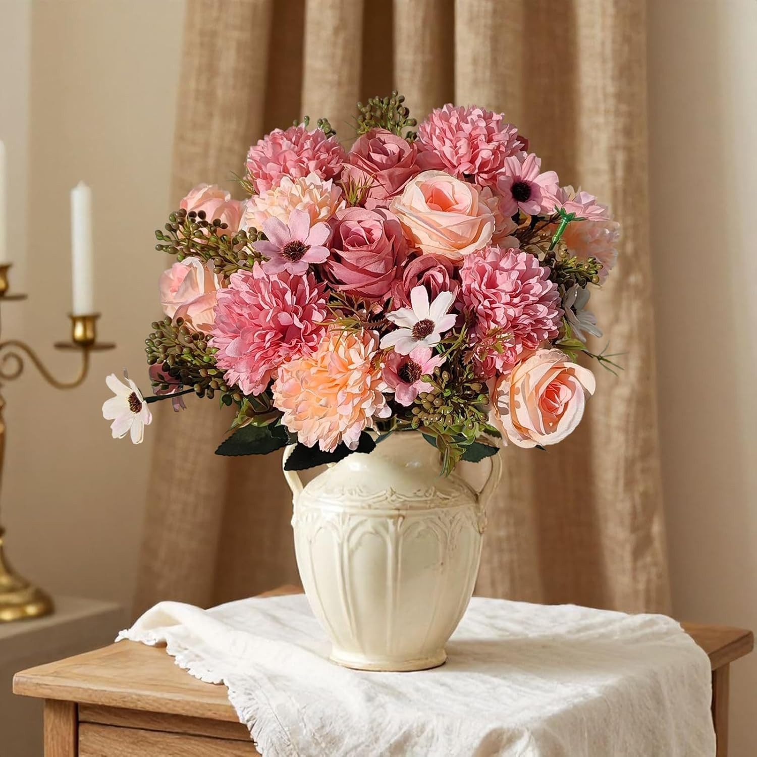 Kunstblumenstrauß 4er Set rosa künstliche Rosenblumensträuße, FOUORTUNATE-BEE, Künstliche Blumensträuße mit Rosen, Hortensien & Gänseblümchen – Bild 5 von 5