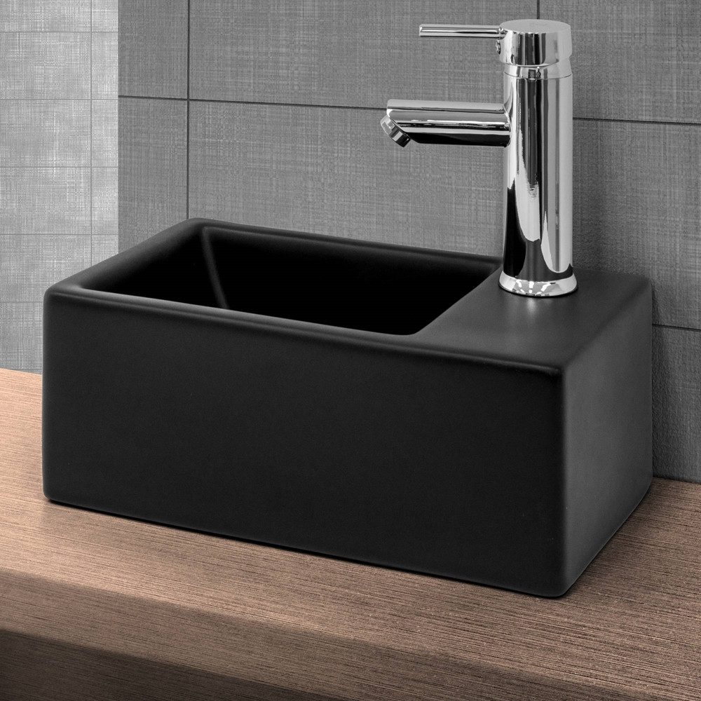 LuxeBath Waschbecken Waschtisch Aufsatzwaschbecken aus Keramik für Badezimmer / Gäste-WC, Keramik Schwarz matt 35,5x20,5x12,5cm klein inkl. Ablaufgarnitur