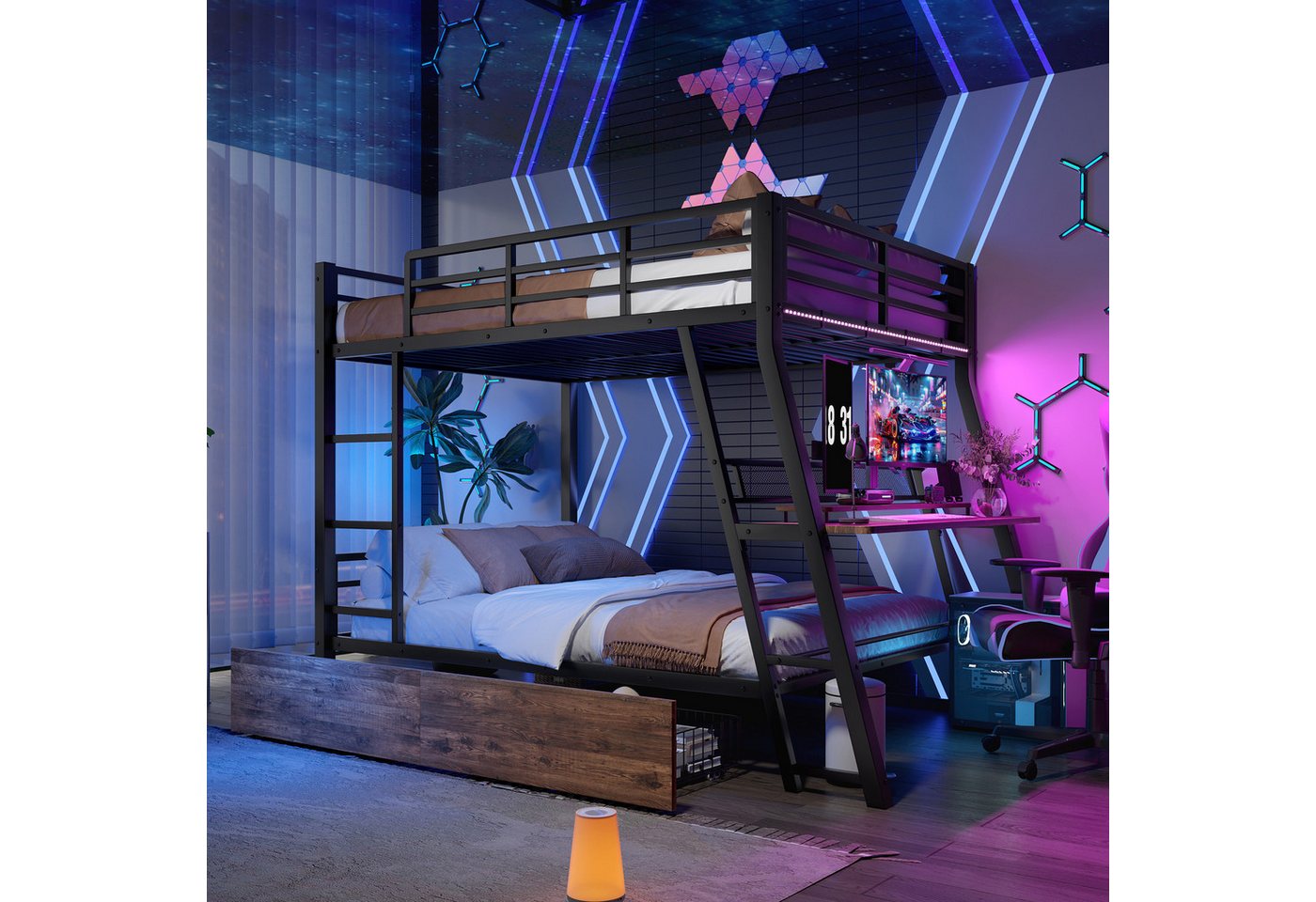 Merax Etagenbett mit LED-Beleuchtung (1-St), Metallbett Hochbett 90x200cm mit Schreibtisch Schubladen und Geländer