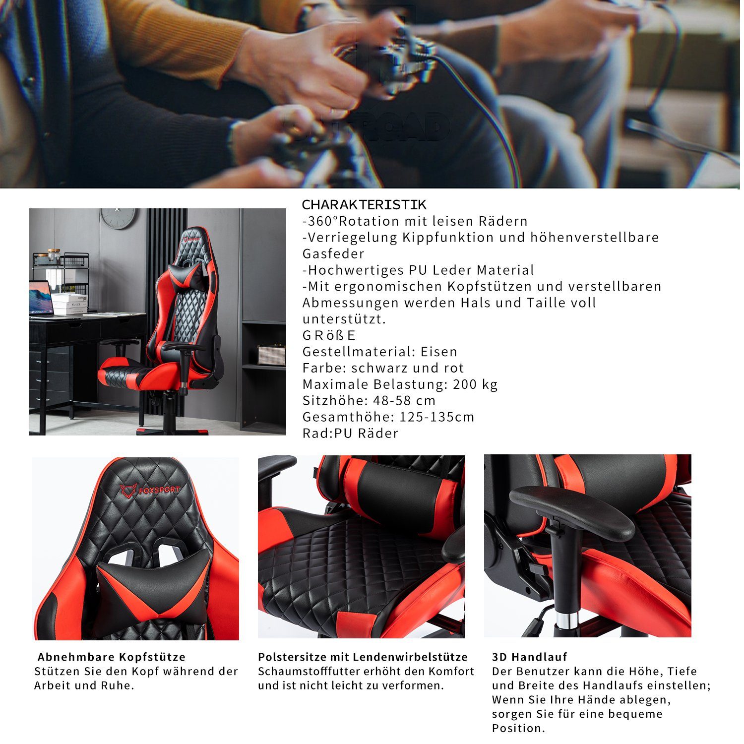 und Rahmen Stuhl (Professioneller Ergonomischer Neigungswinkel verstellbar, Seven Gamingstuhl), Comfort Gaming Ergonomischer rot Höhe Gaming-Stuhl