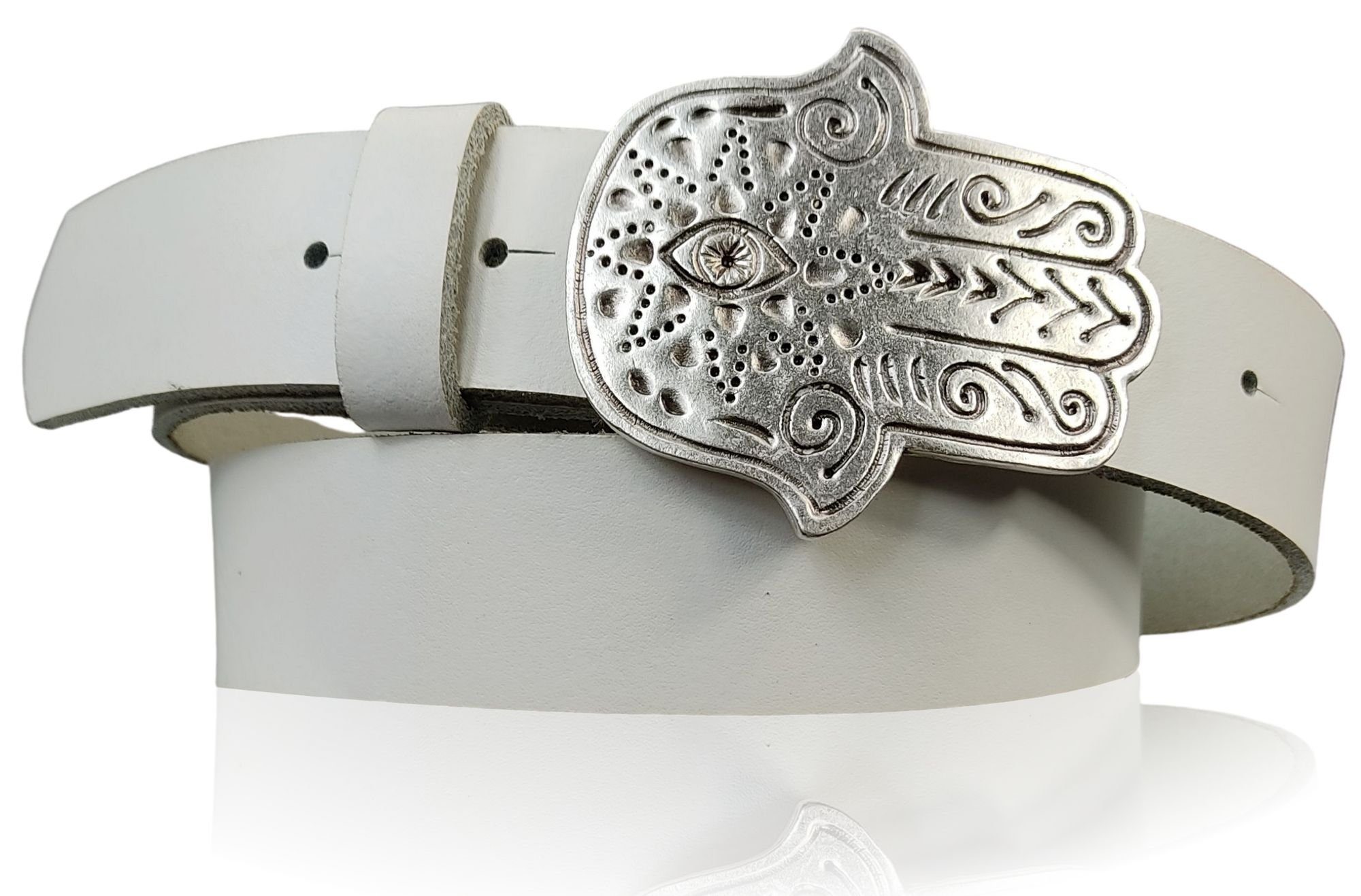 FRONHOFER Hüftgürtel 18610 Damen Ledergürtel 4 cm mit versilberter Hand der Fatima Gürtelschnalle Weiß