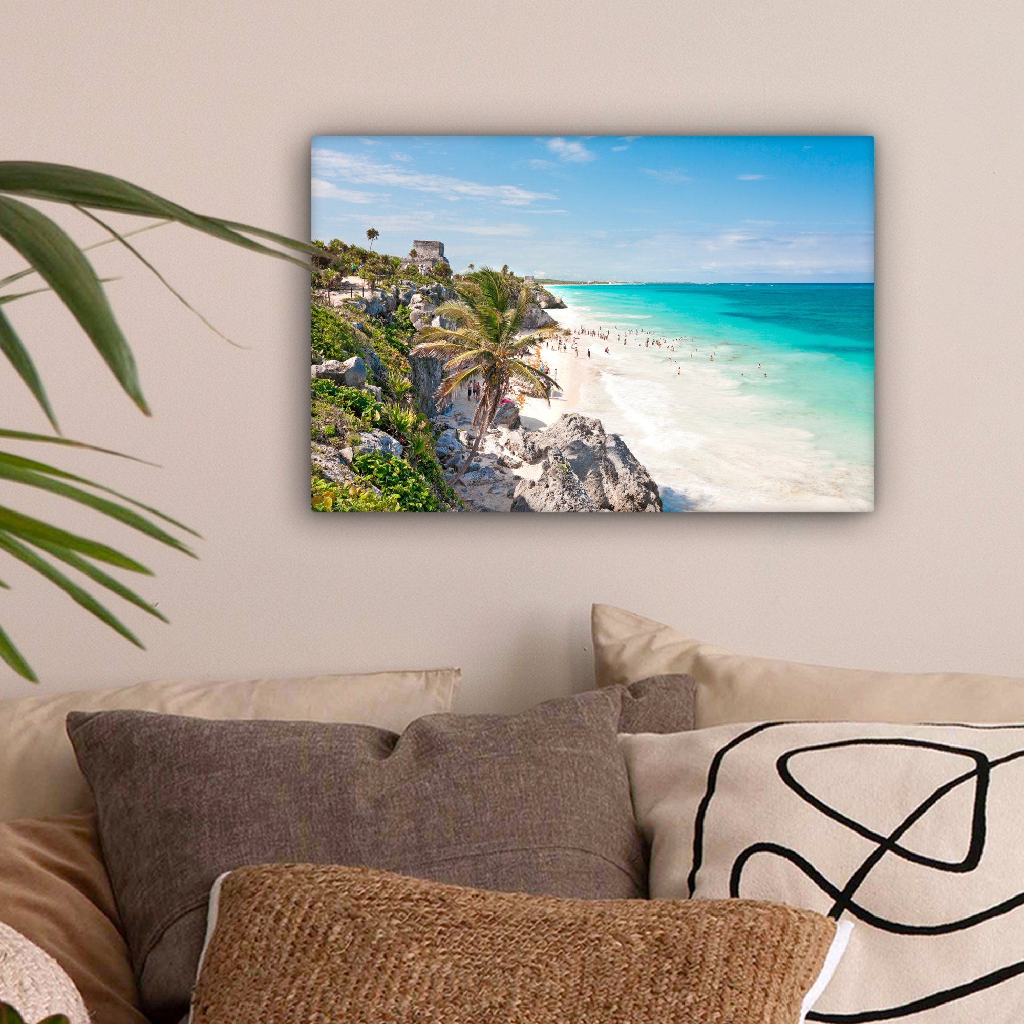 Strand Wanddeko, 30x20 den Leinwandbilder, OneMillionCanvasses® St), cm (1 auf in Blick von Wandbild Mexiko, Leinwandbild Aufhängefertig, Tulum