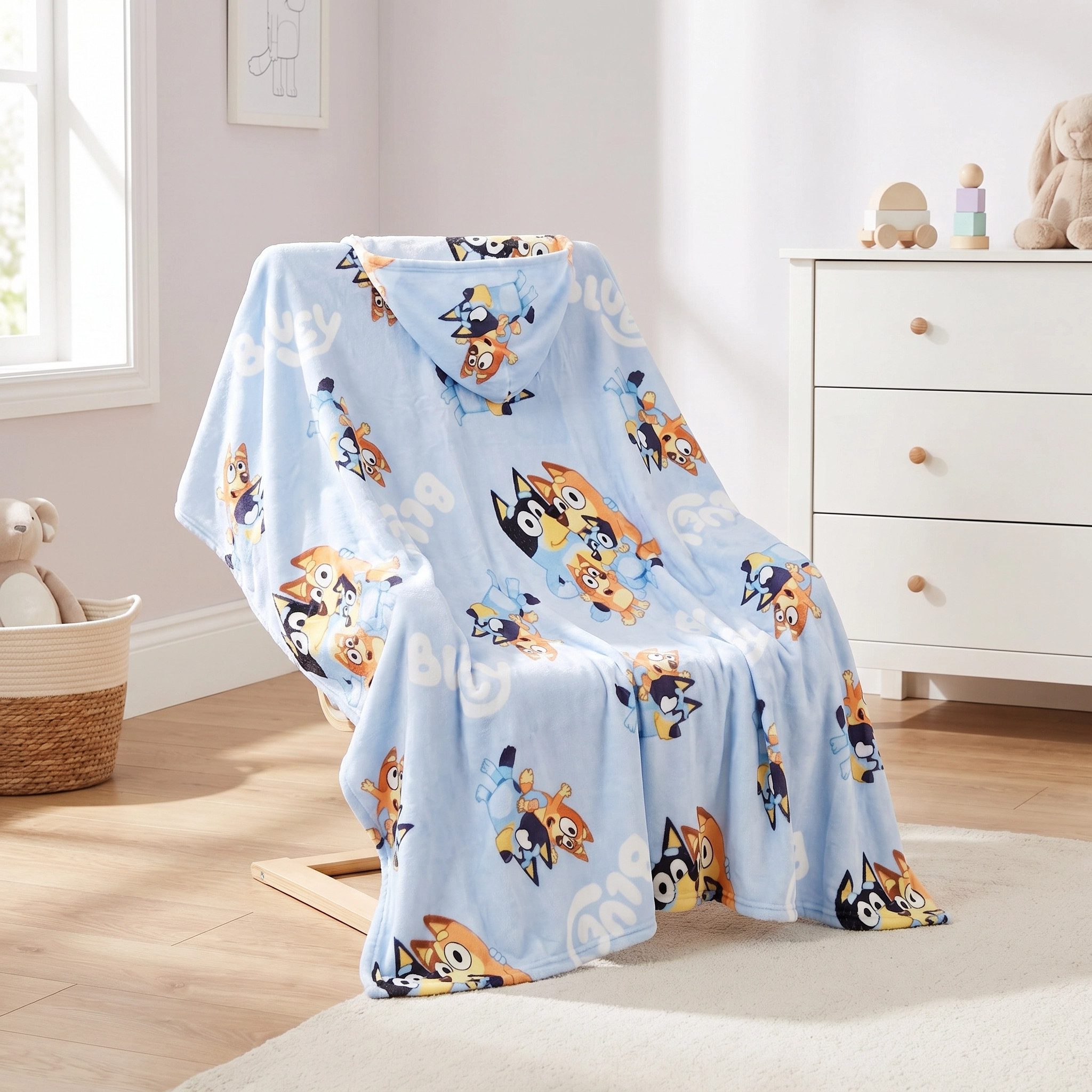Wohndecke Bluey u Bingo Flanell Decke XL - Warme Kapuzen Kuscheldecke 120x150 cm, Bluey