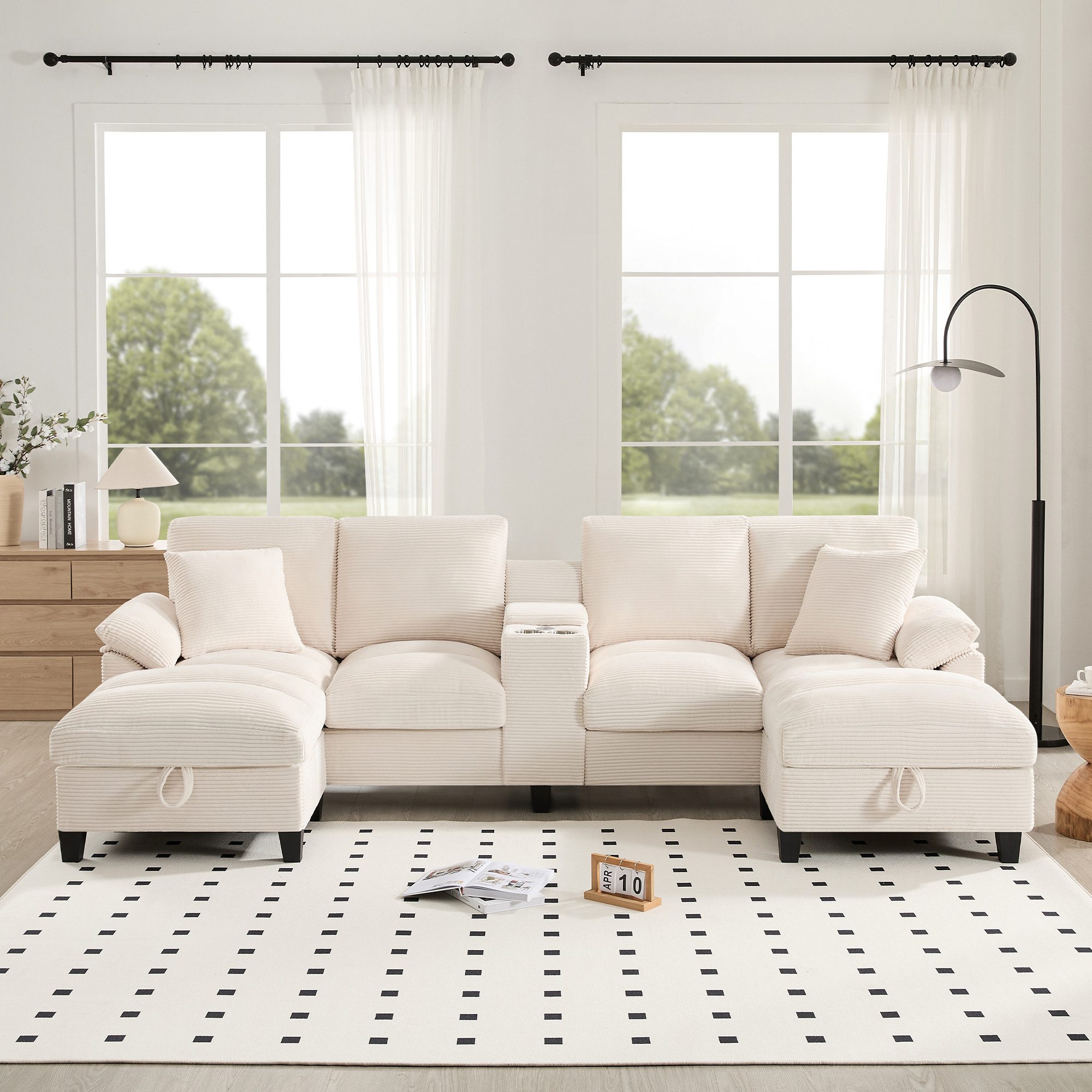 Merax 4-Sitzer U-förmiges-Sofa mit großem Stauraum & USB-Anschlüssen, 1 Teile, Sofa mit Edelstahl-Getränkehaltern, Kissen & extra breitem Cordstoff