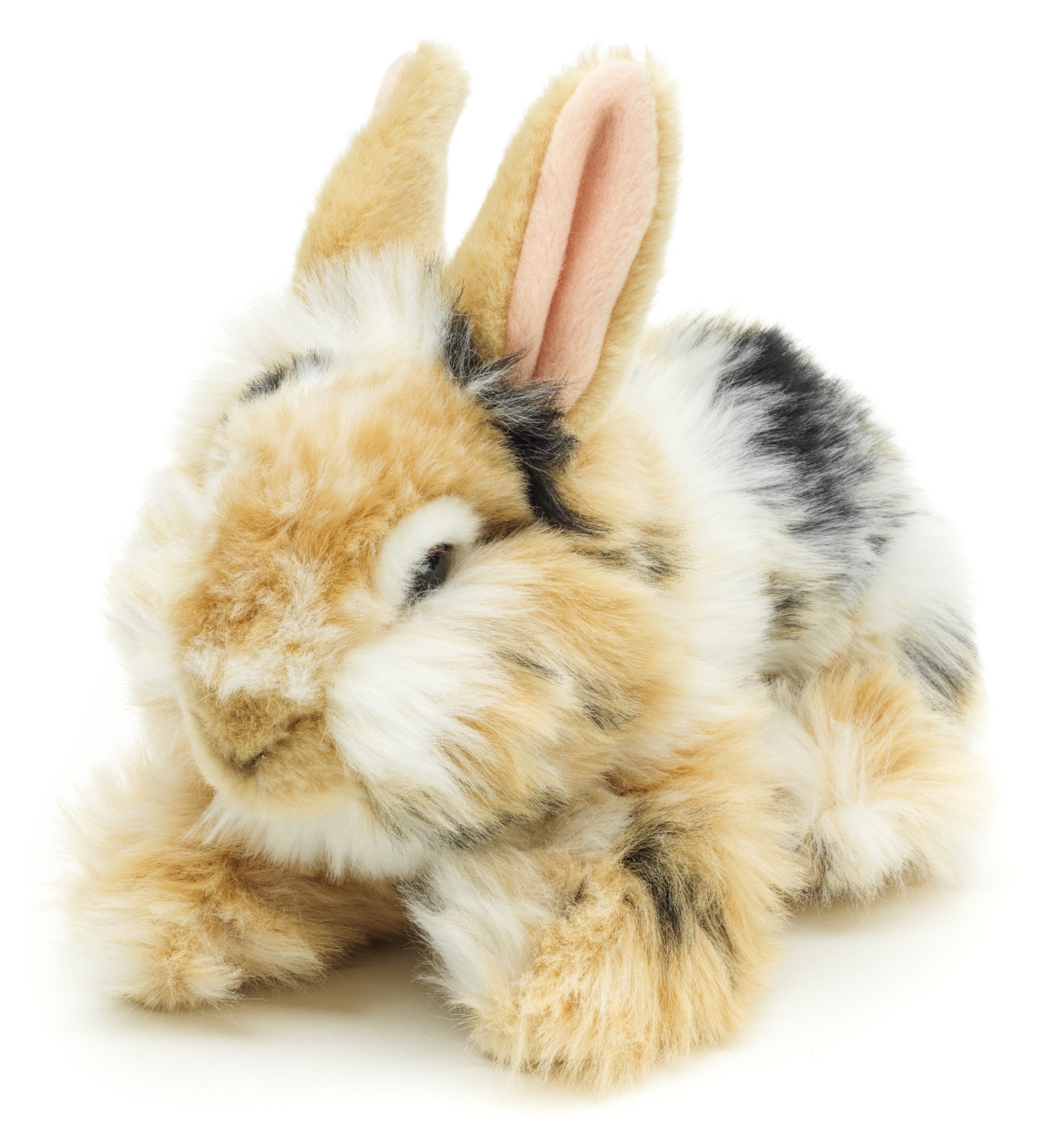Uni-Toys Kuscheltier Löwenkopf-Kaninchen m.aufgestellten Ohren - 23 cm - verschiedene Hasen, zu 100 % recyceltes Füllmaterial schwarz-braun-weiß gescheckt