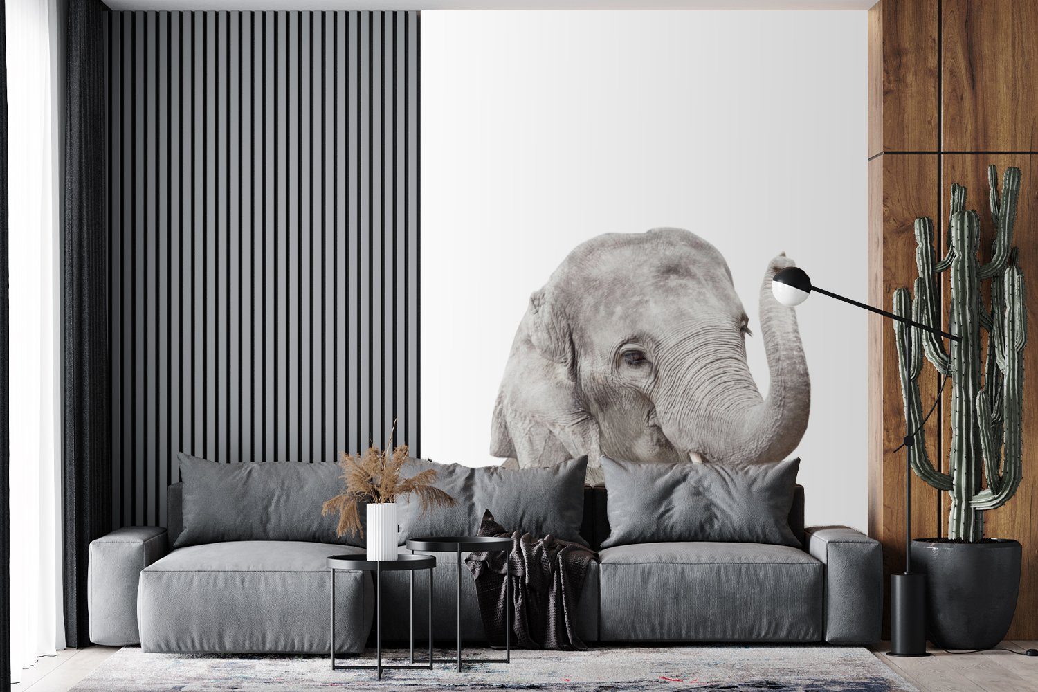Elefant Wohnzimmer, Tiere Grau Wandtapete MuchoWow Fototapete St), Vinyl für - Montagefertig Tapete Natur, Matt, (4 - bedruckt, -