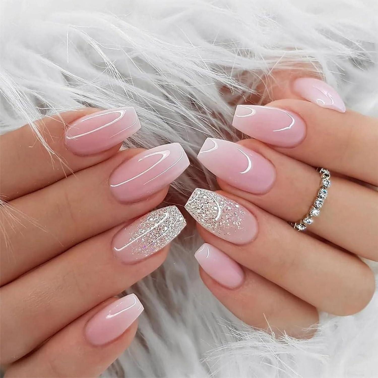 LuxusKollektion Kunstfingernägel Künstlicher Nagel 24 Stück Acryl Eckig French Full Cover Rosa Glitzer