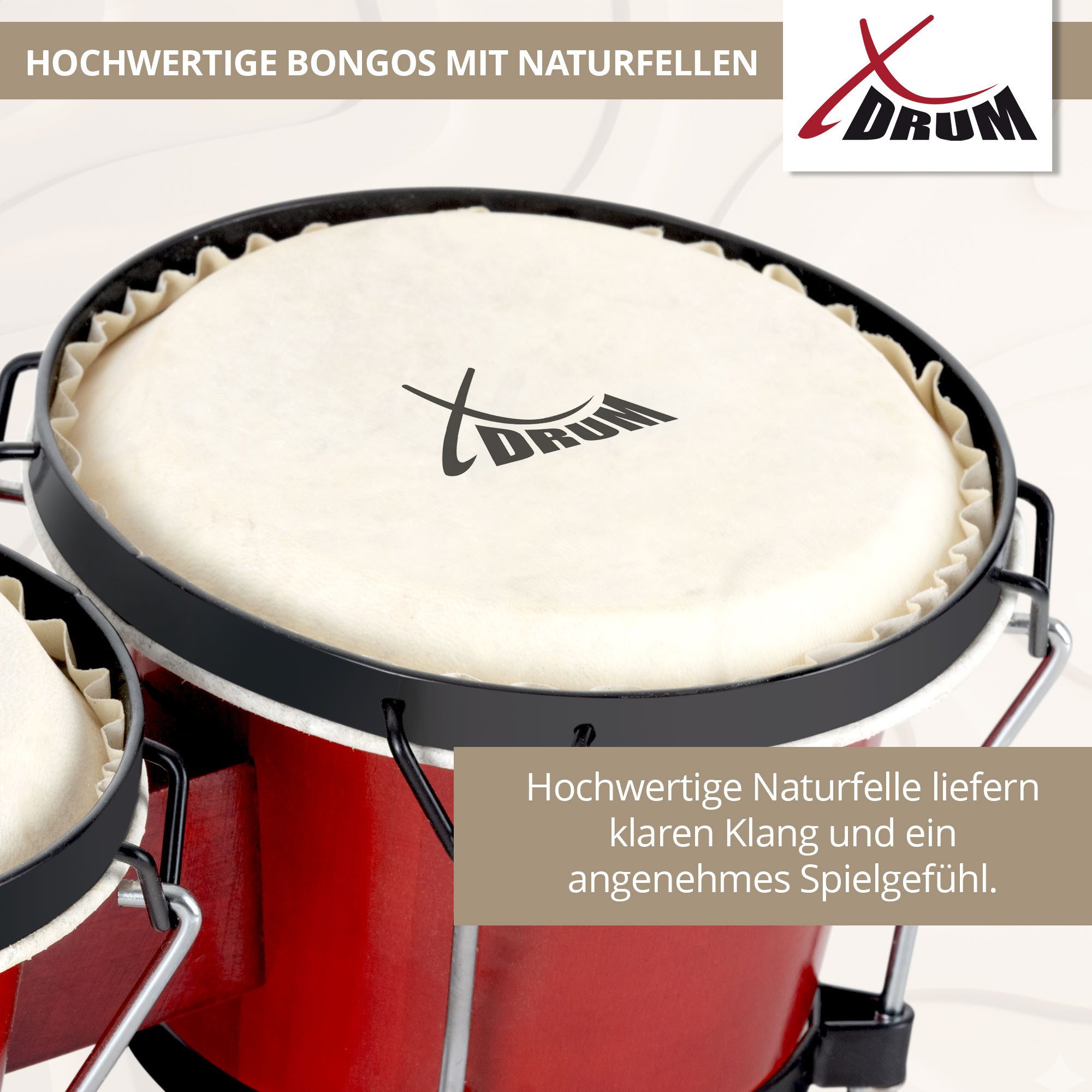 XDrum Bongo Bongos Club - 6" Macho und 7" Hembra,Spar-Set, 3-St., inkl. Stimmschlüssel & Bongotasche, mit Naturfellen und professionellem Stimmsystem
