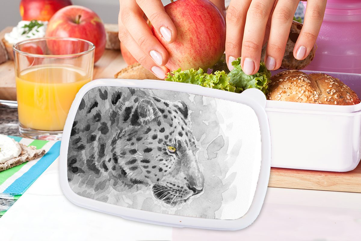 Weiß Lunchbox Erwachsene, für Kinder - Leopard Brotdose, für Profil, Jungs Schwarz und Kunststoff, - MuchoWow Mädchen (2-tlg), und Brotbox -