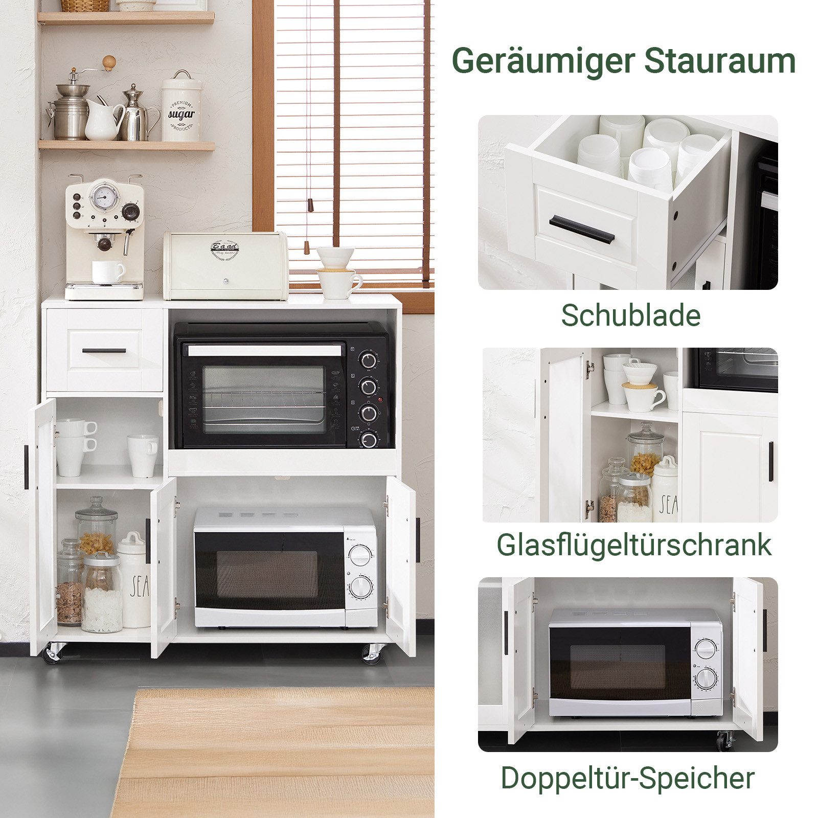 SoBuy Sideboard FSB78, Aufbewahrungsschrank Küchekommode Küchentrolley, auf Rollen Küchenwagen Mikrowellenschrank Küchenschrank Rollwagen