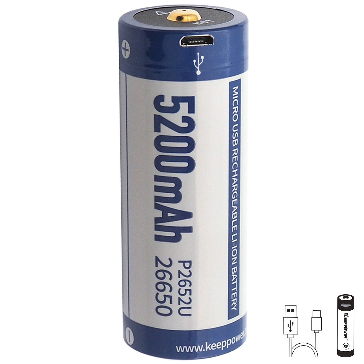 Keeppower 5200mAh 26650 Li-Ion Akku 3,7 Volt 70,3x26,5mm PCB geschützt mit  USB Akku