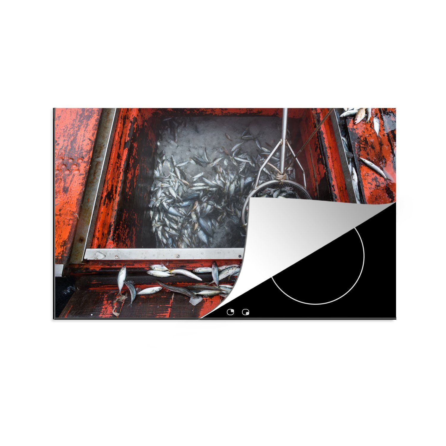 MuchoWow Herdblende-/Abdeckplatte Stapel von Fischen auf einem Fischerboot, Vinyl, (1 tlg), 81x52 cm, Induktionskochfeld Schutz für die küche, Ceranfeldabdeckung