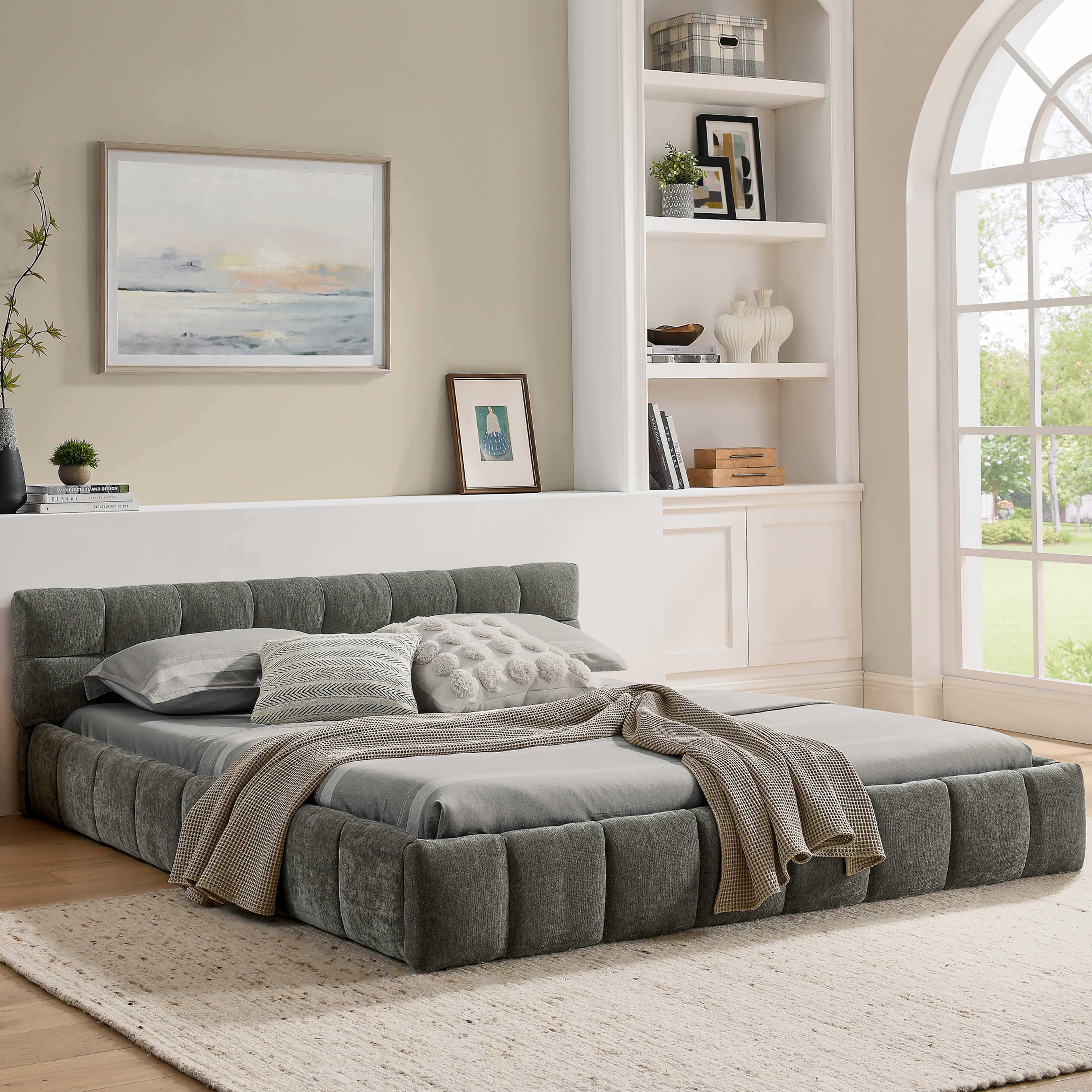 MODFU Polsterbett Gemütlicher Sitzhocker in kuscheligem Chenille (Packung, 1-tlg., Aus Eukalyptusholz,fügt sich warm in jedes Wohnzimmer ein,140x200 cm), Stabiler Eisenrahmen mit dekorativem Quilt-Muster(ohne Matratze)