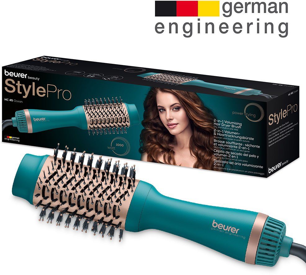 BEURER Warmluftbürste HC 45 Ocean, Keramik-Keratin Beschichtung Haartrocknungsbürste, 2-in-1 Volumen-&