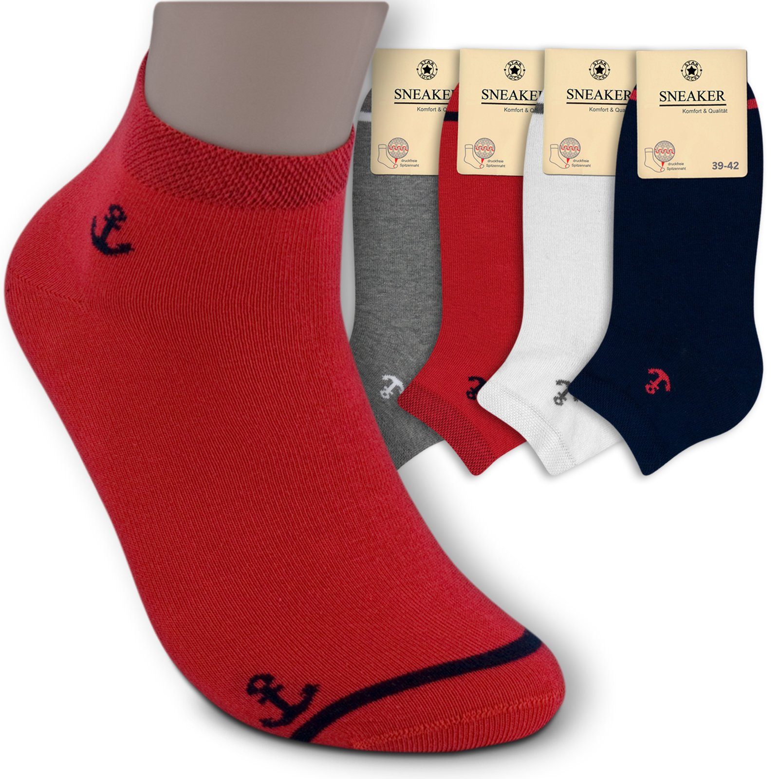 Die Sockenbude Sneakersocken MARITIM (Bund, 4-Paar, blau weiß rot) mit Soft Piqué-Bund