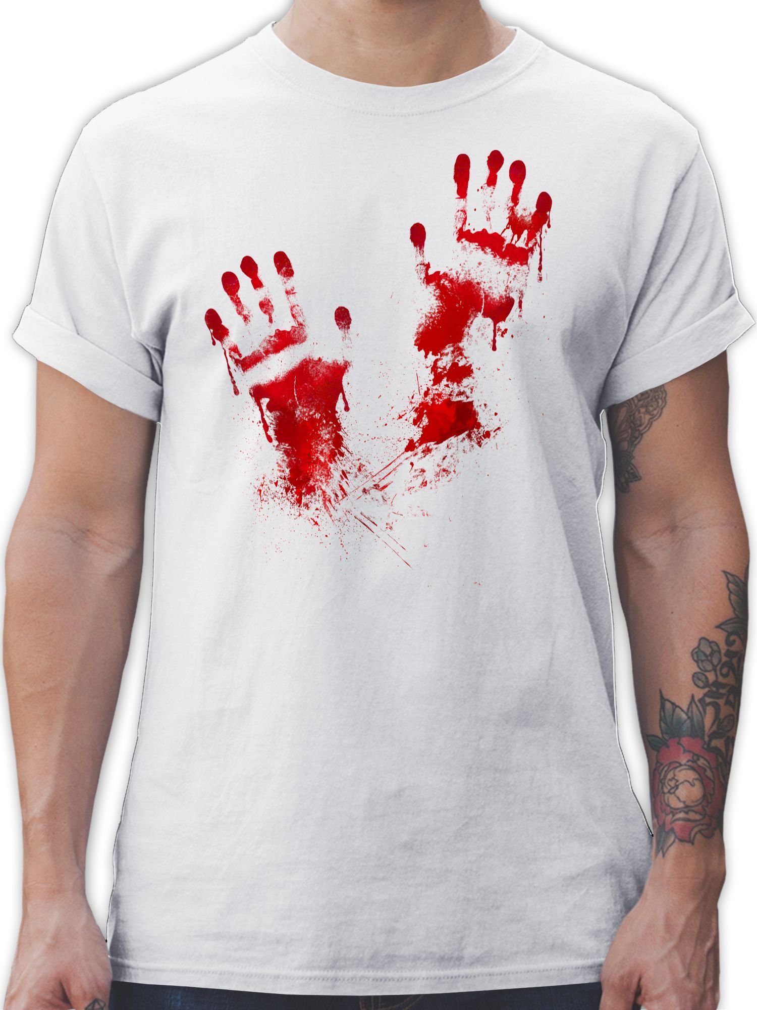 Shirtracer Herren Gruselig Blutige Halloween Kostüme Weiß T-Shirt Handabdruck 02 Blut Handabdrücke