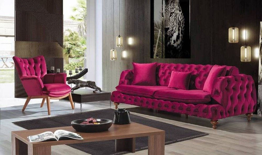 JVmoebel Chesterfield-Sofa Rosa Samt Sofa mit Holzfüßen und hochwertiger Polsterung, Packung 1 Teile, Made in Europa