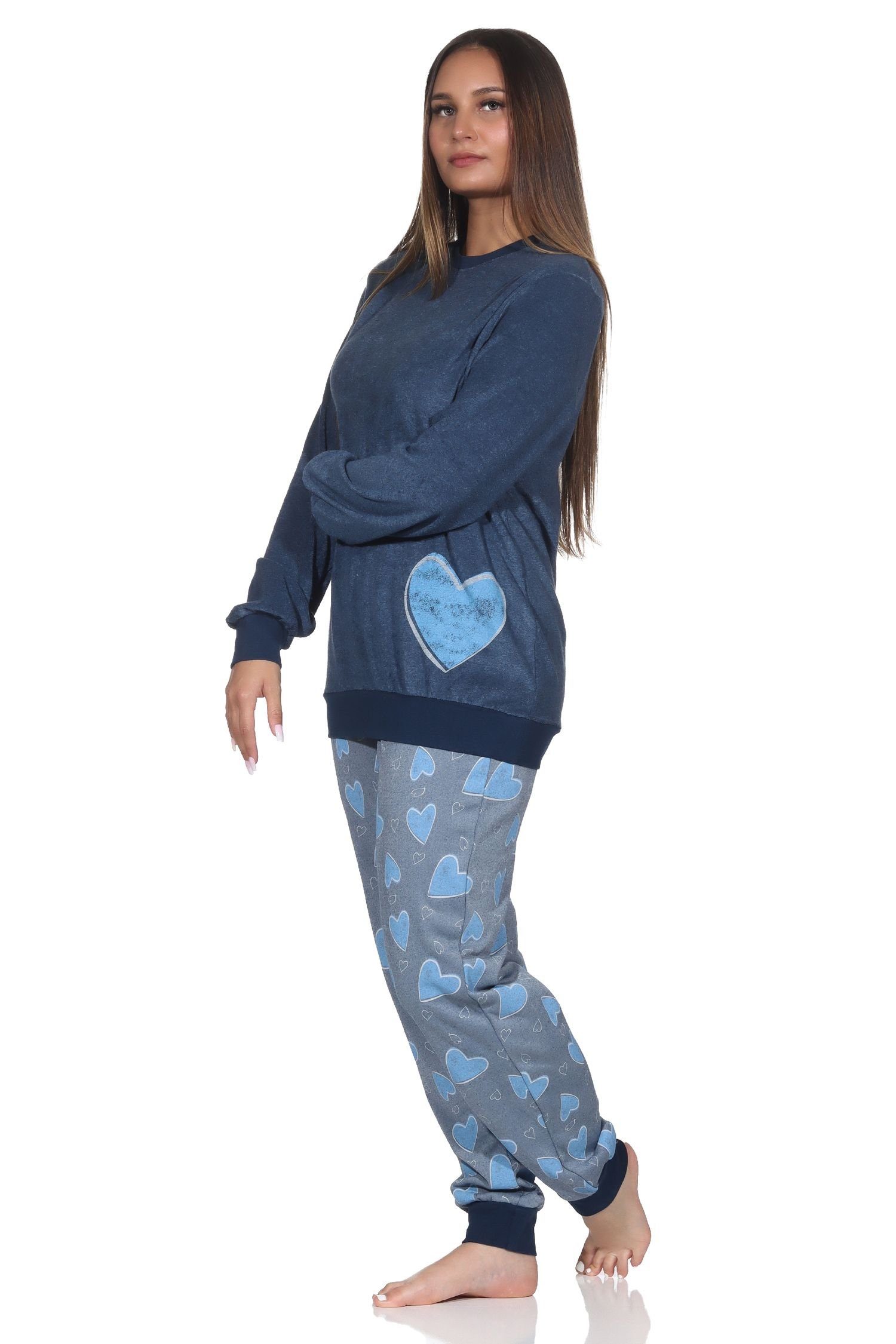 Herz in Normann Optik Frottee marine Pyjama Schlafanzug mit Bündchen Damen Normann langarm