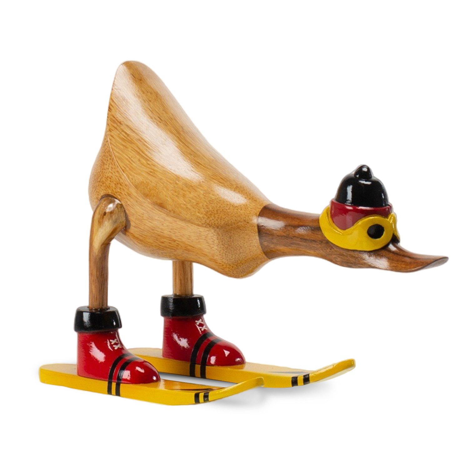 Rikmani Dekofigur Ente Skifahrer - Handgefertigte Dekoration aus Holz Geschenk Figur (3er-Set, SET: S, M, L), Drei Holzarten. Lackiert.
