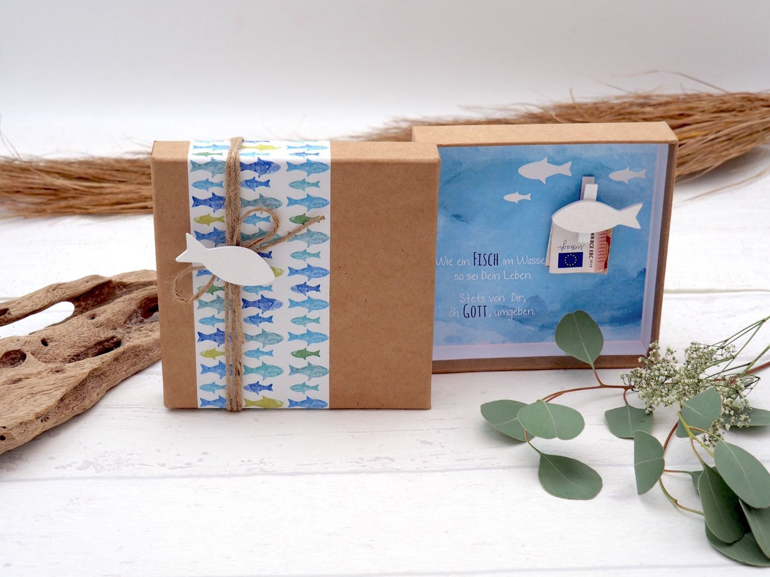 ZauberDeko Geschenkbox Geldgeschenk Verpackung Petrol Grün Fisch Kommunion Konfirmation