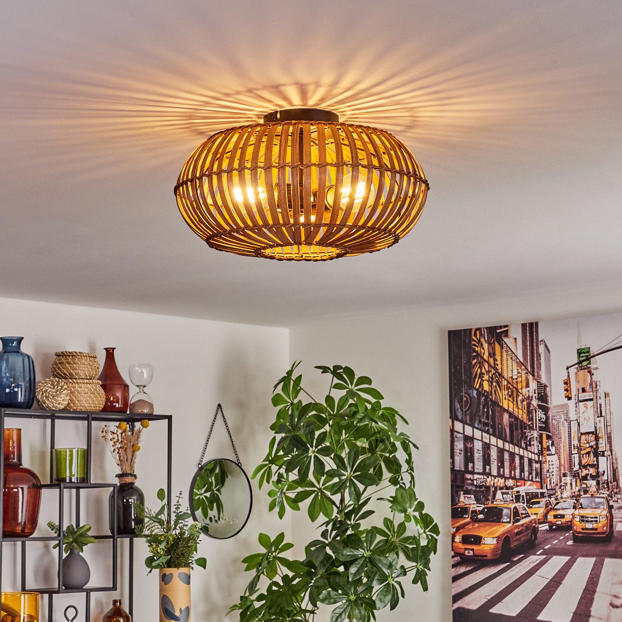 hofstein Deckenleuchte moderne Deckenlampe aus Metall/Bambus in Schwarz/Natur/Dunkelbraun, ohne Leuchtmittel, Deckenleuchte m. Lichteffekt, Ø 40 cm, 3 x E27, ohne Leuchtmittel