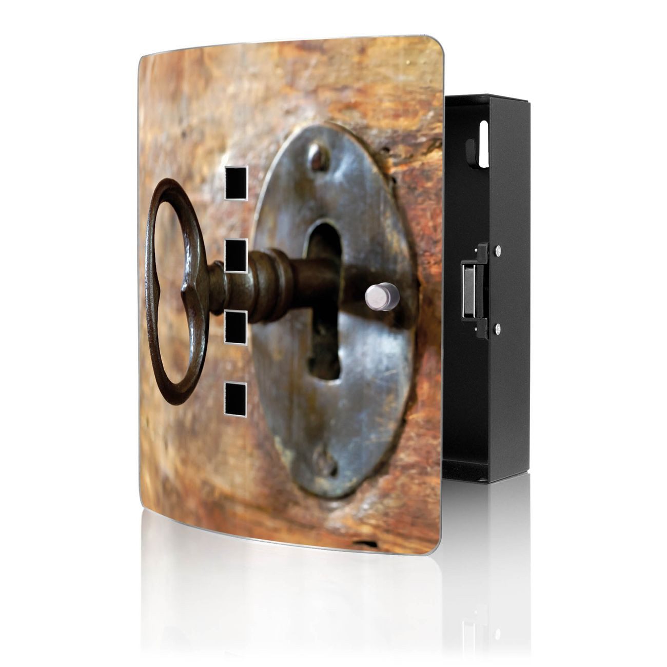 banjado Schlüsselkasten Edelstahl mit Motiv Schlüssel (verstellbarer Magnetverschluss, mit 10 Haken, gebogene Tür, einstellbarer Magnet), 24 x 21,5 x 7 cm