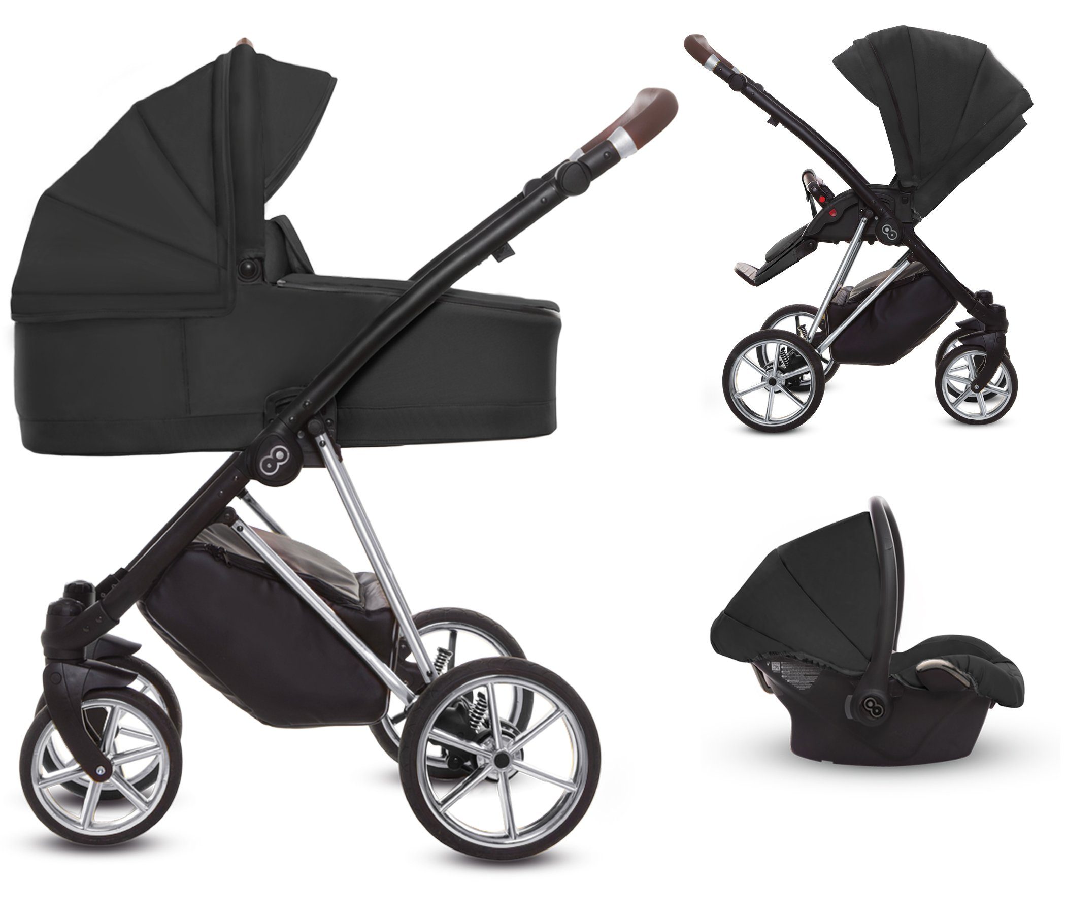 TPFFamily Kombi-Kinderwagen 3 in 1 Musse Ultra, Baby Buggy Babywanne Autositz, großes Zubehör-Set Kinderwagen 3 in 1 Stoff Schwarz, Gestell Silber