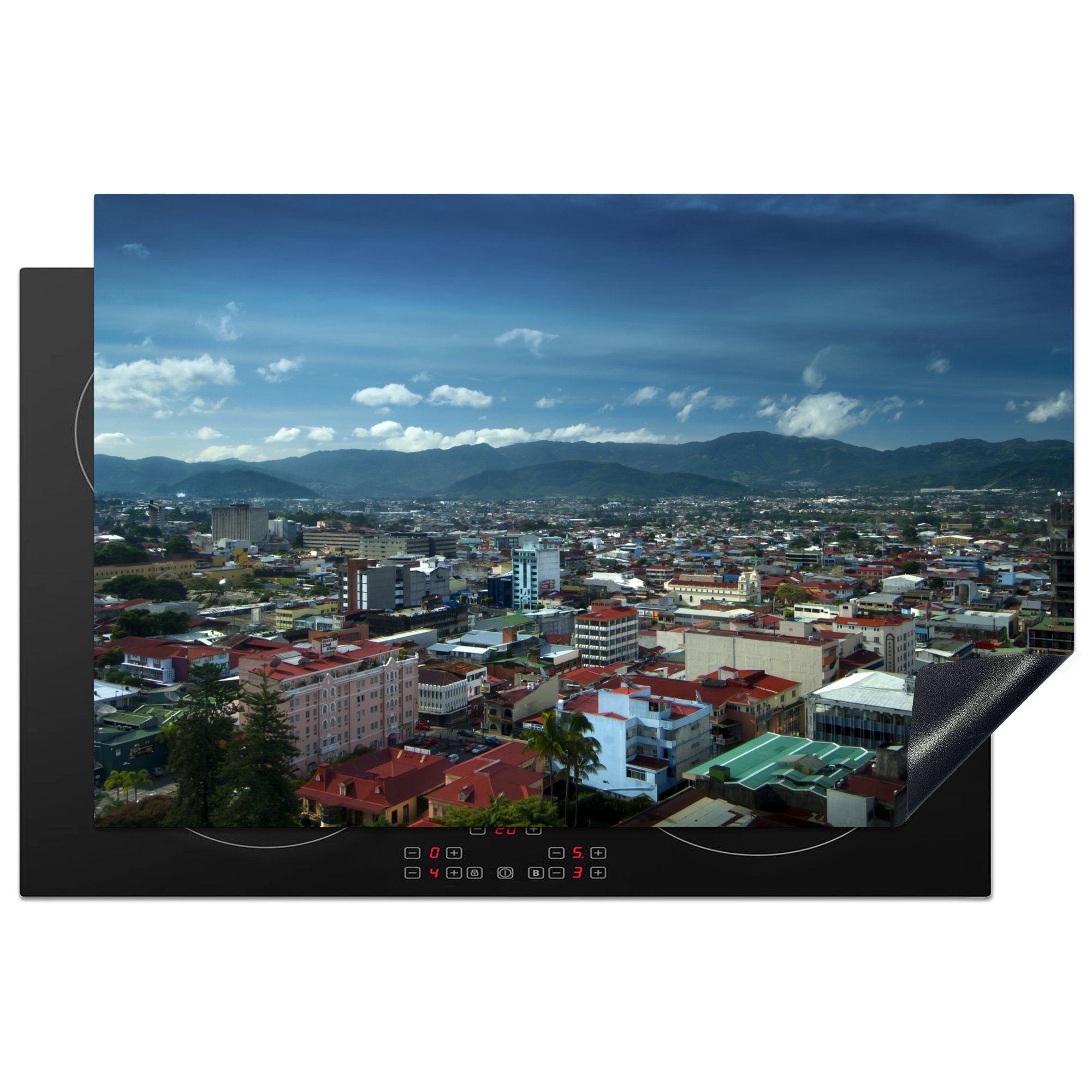 MuchoWow Herdblende-/Abdeckplatte Dunkelblauer Himmel über San José in Costa Rica, Vinyl, (1 tlg), 81x52 cm, Induktionskochfeld Schutz für die küche, Ceranfeldabdeckung