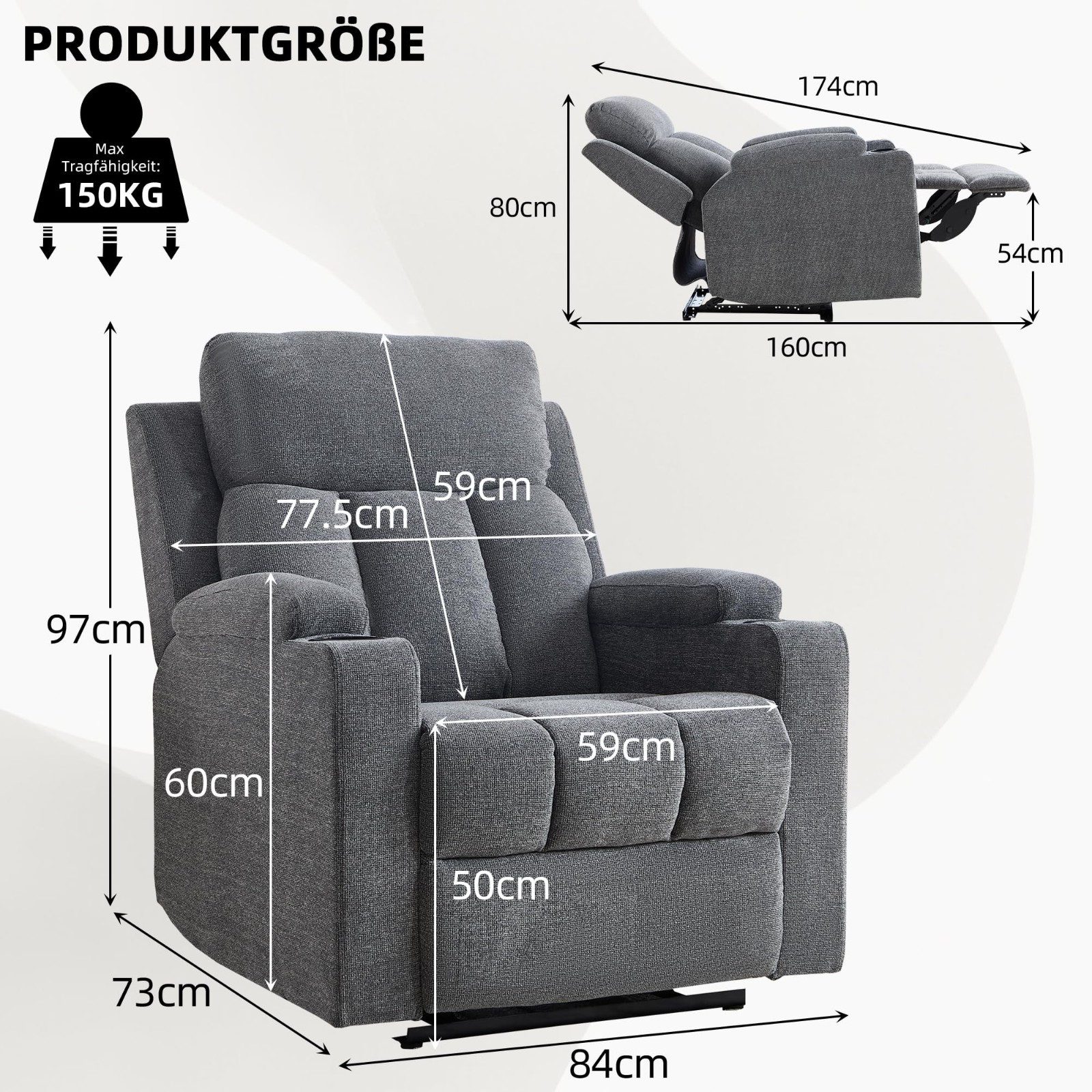 CANMOV TV-Sessel Relaxsessel mit Liegefunktion, Fernsehsessel, Wohnzimmer 90 °-160 ° (1-St), Manueller Verstellbarer Relaxsessel mit Fußstütze und Becherhalter