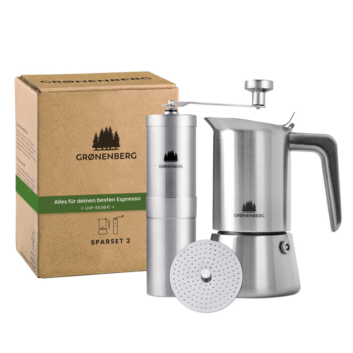 GRØNENBERG Espressokocher Spar Set 2: Kaffeemühle manuell + Edelstahl Espressokocher (4l6 Cup), 0.2l Kaffeekanne, Mokkakanne Induktion geeignet & Inkl. Ersatz Dichtung