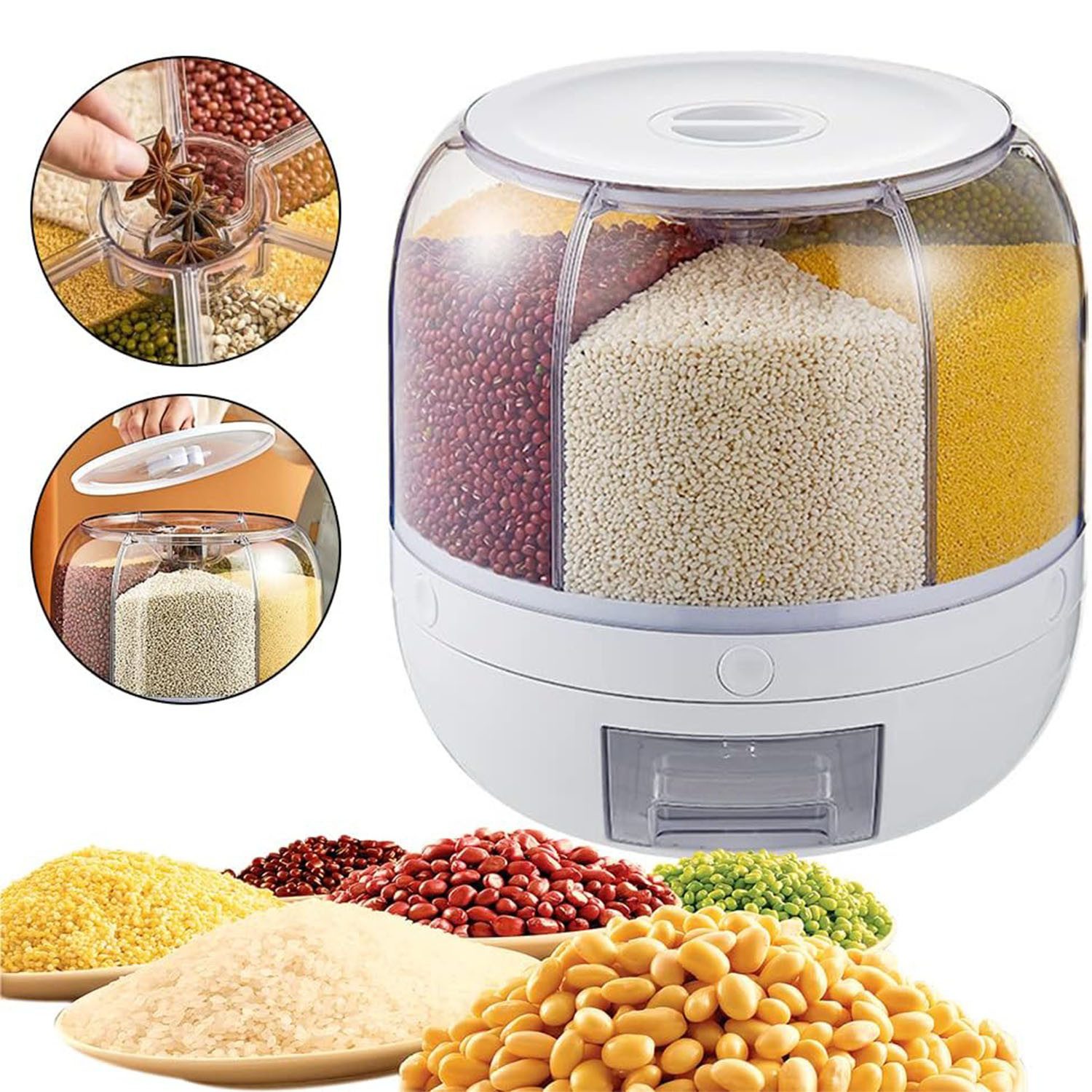 HEYHIPPO Müslispender Reisspender mit 6 kg Fassungsvermögen, Mehrfachfächer 27×27×27 cm, (Eine Packung, 360° drehbarer Reiseimer,Küchen-Aufbewahrungsbehälter mit Fächern,weiß), Vorratsbehälter für Reis und Getreide, feuchtigkeits- & insektenfest