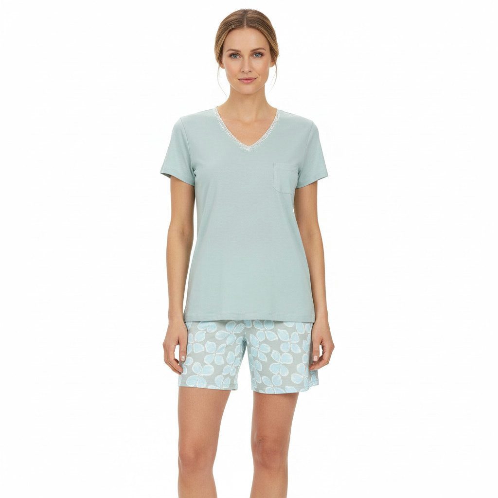 Ringella Shorty Kurzarm mit V-Ausschnitt und gemusterter Shorts (2 tlg) 50% Baumwolle 50% Modal
