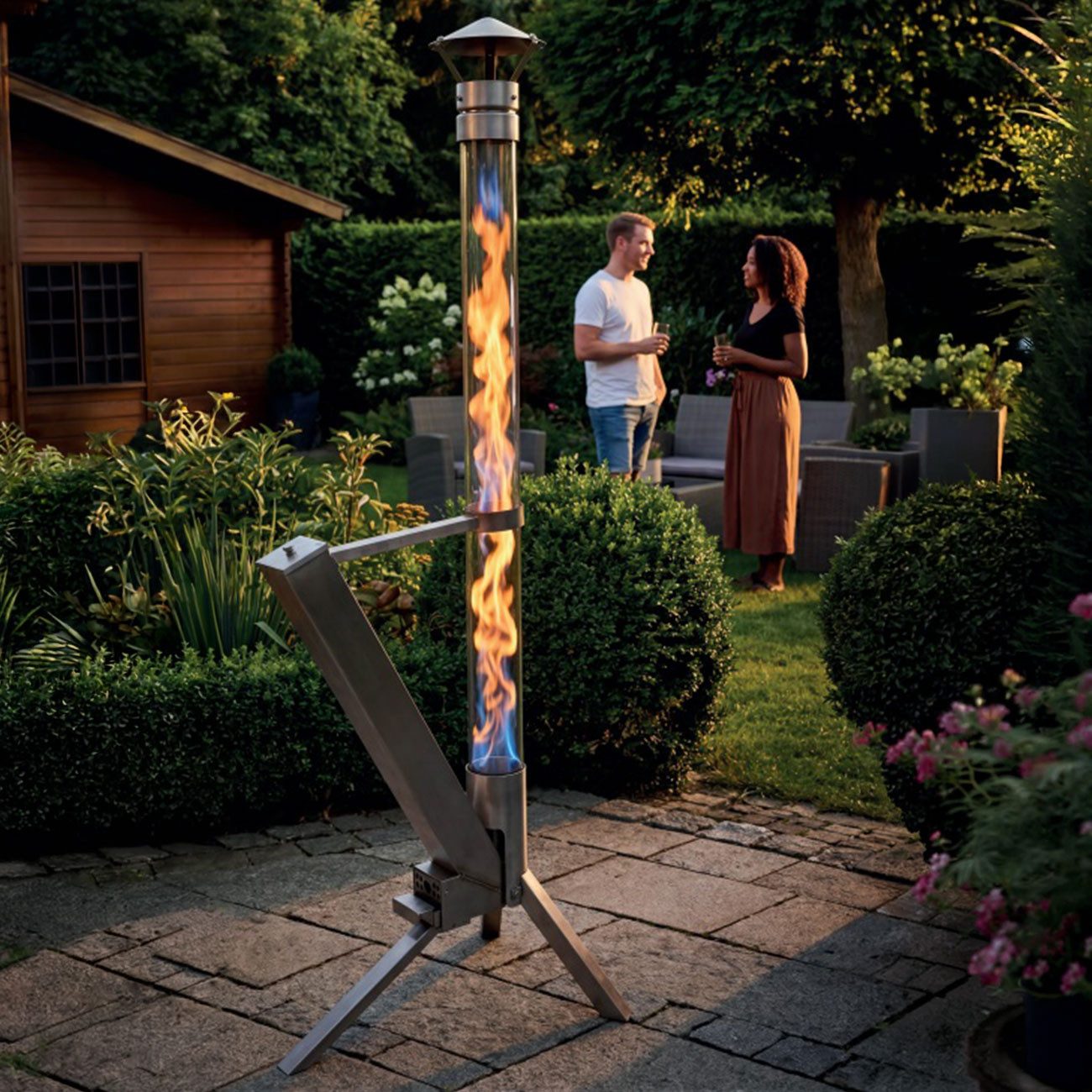 Westerholt Gartenfackel Pelletfackel für Garten & Terrasse, 4kW, Borosilikatglas, Edelstahl, Raucharmes Glas Feuerrohr, Edelstahl Heizer