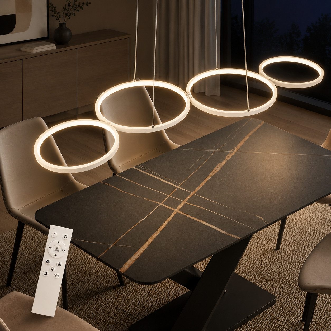 Nettlife LED Pendelleuchte Esszimmer Esstischlampe Schwarz Dimmbar 4Ring mit Fernnediennung, Höhenverstellbar, LED fest integriert, …