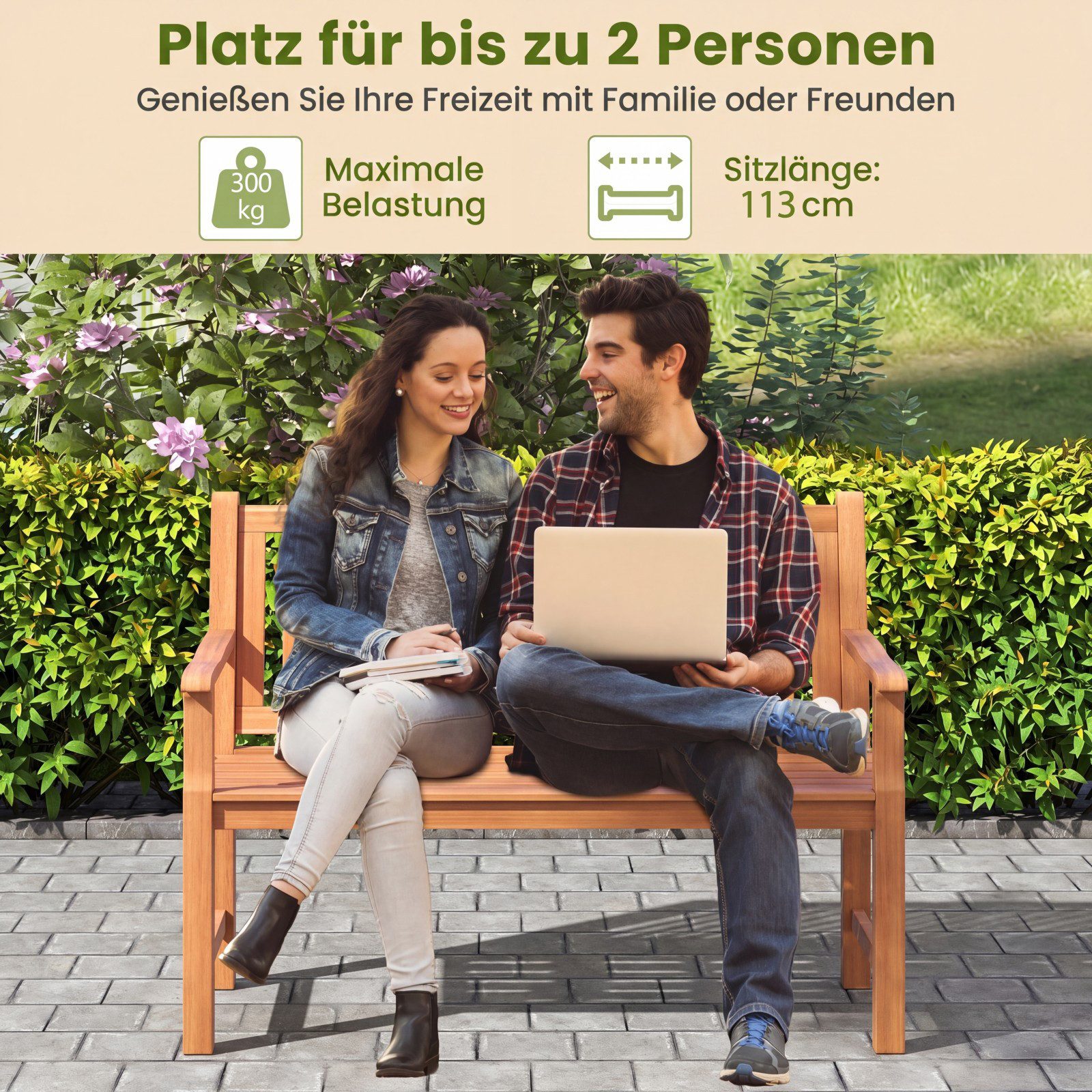 COSTWAY Gartenbank, Holzbank wetterfest, Balkonbank mit Armlehnen